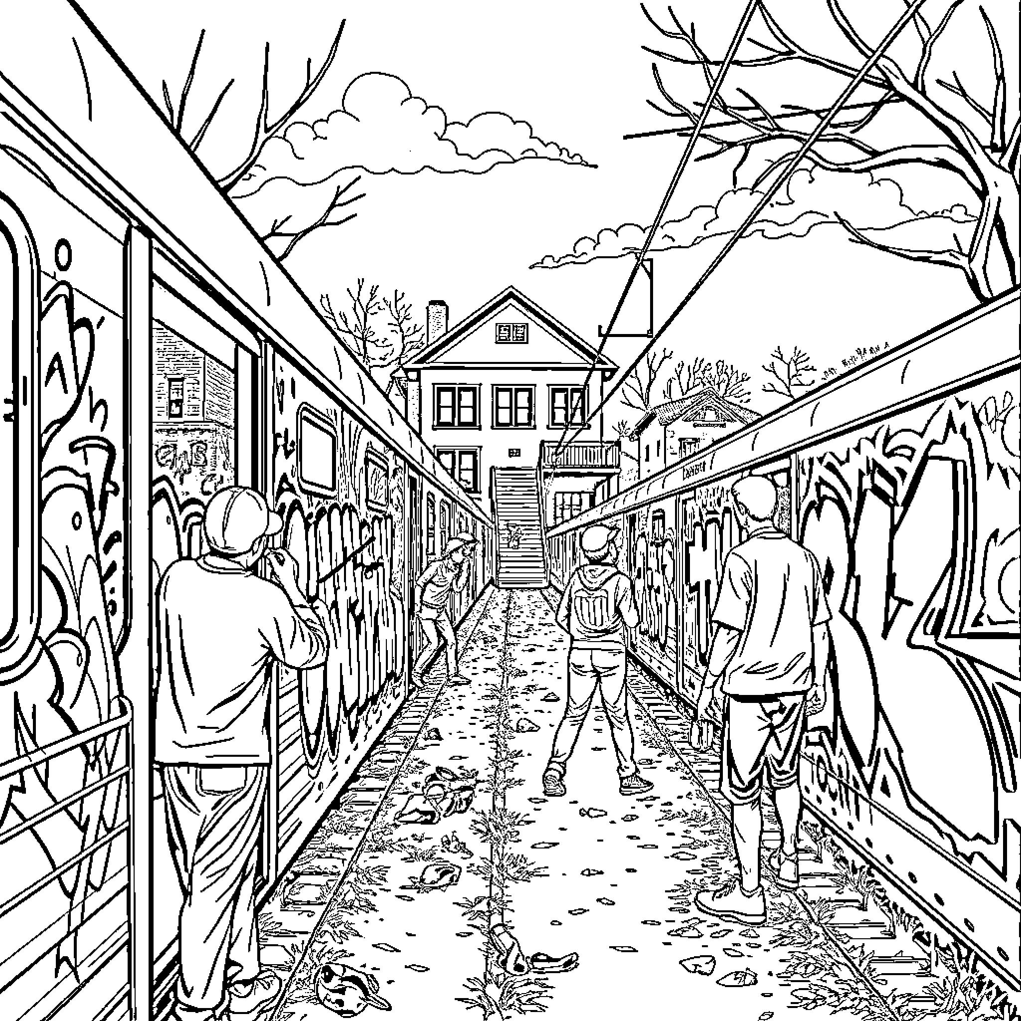 Graffiti-filled urban alleyway scene with people Coloring Page (free black-and-white line drawing printable PDF for all, from beginners to advanced learners, including children, teens, adults, and seniors)
