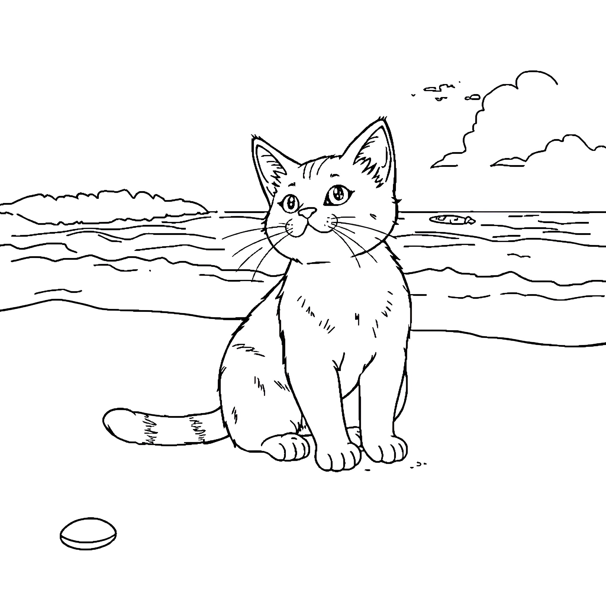 Cat enjoying the beach scenery Coloring Page (free black-and-white line drawing printable PDF for all, from beginners to advanced learners, including children, teens, adults, and seniors)