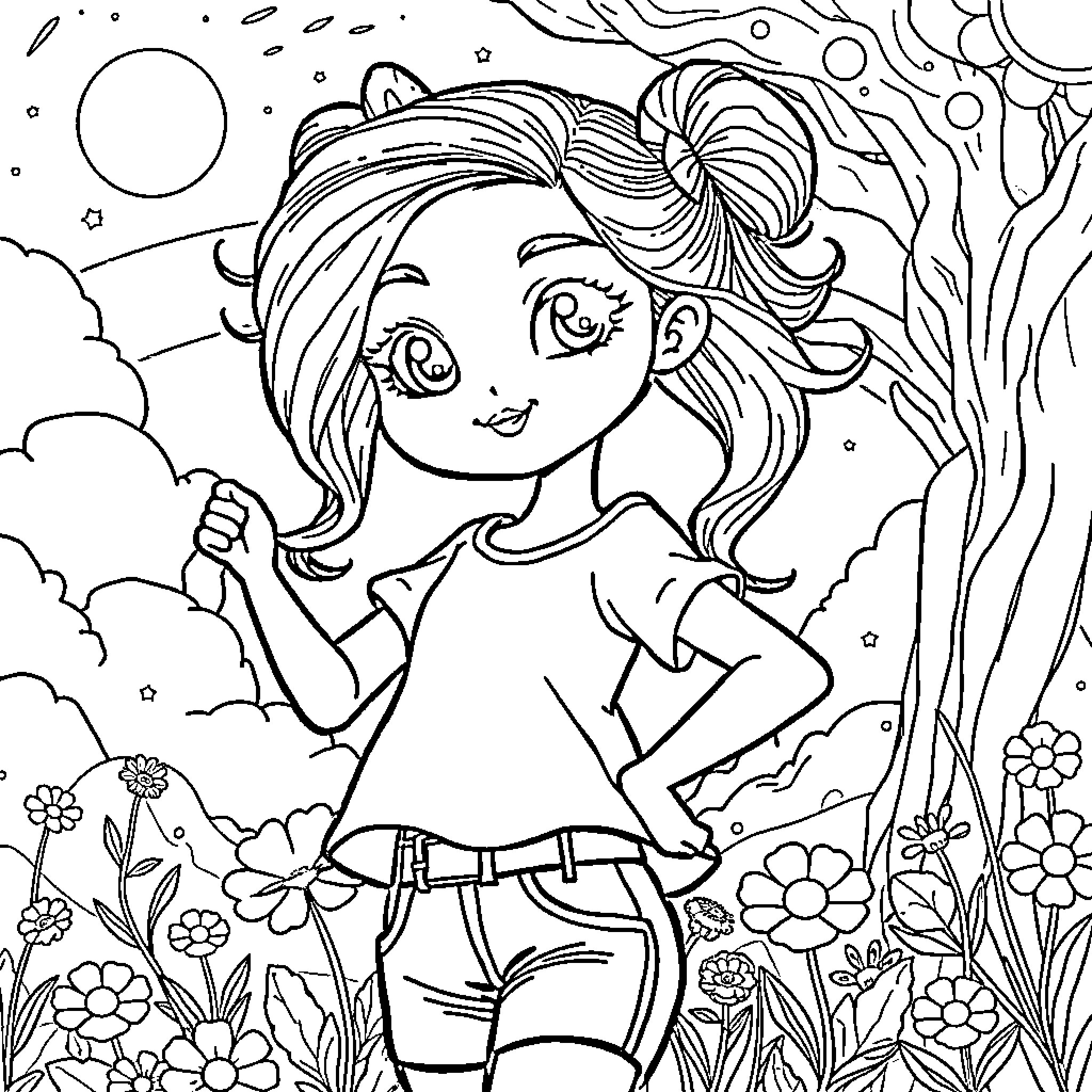 Girl exploring whimsical fantasy world Coloring Page (free black-and-white line drawing printable PDF for all, from beginners to advanced learners, including children, teens, adults, and seniors)