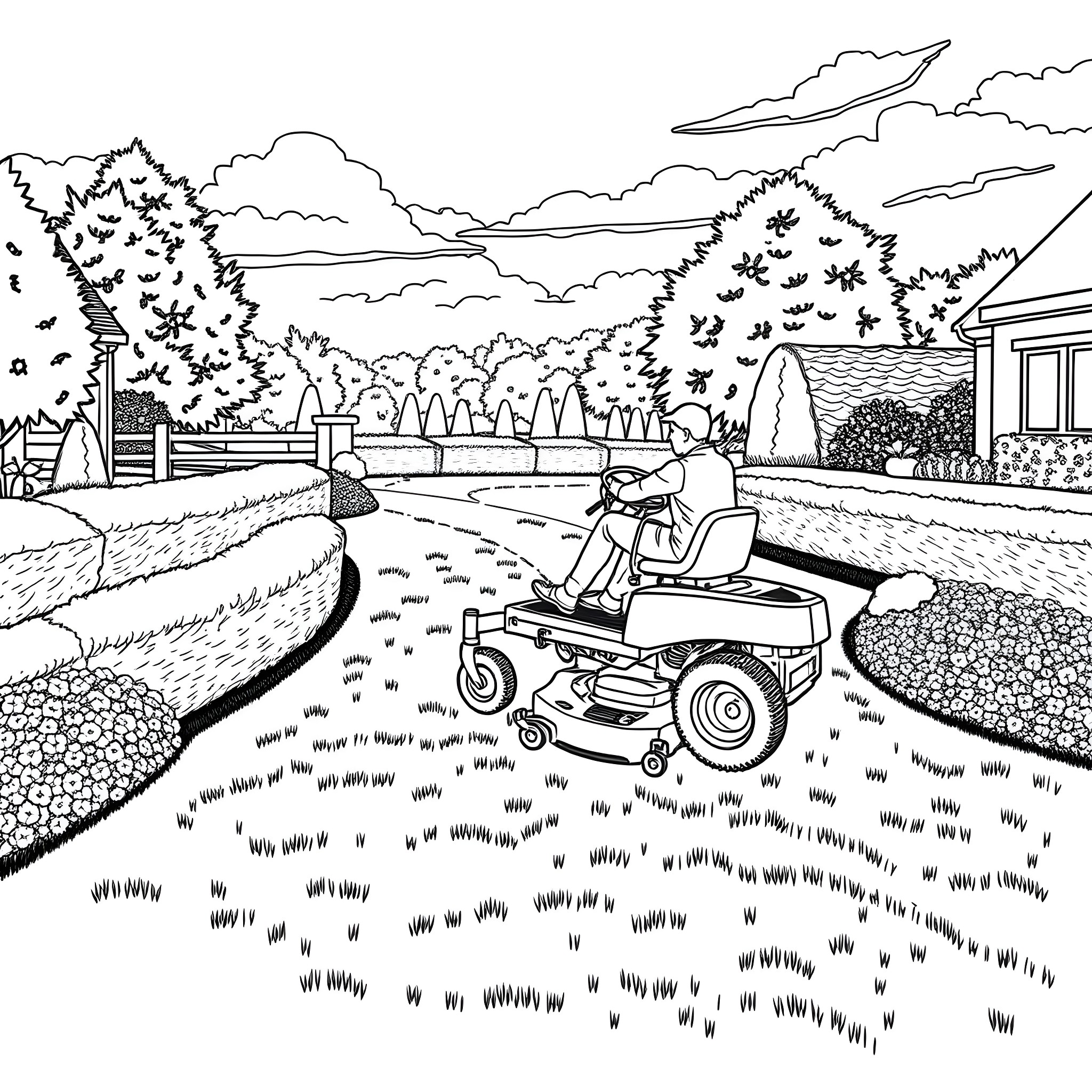 Mower working on a serene landscape Coloring Page (free black-and-white line drawing printable PDF for all, from beginners to advanced learners, including children, teens, adults, and seniors)