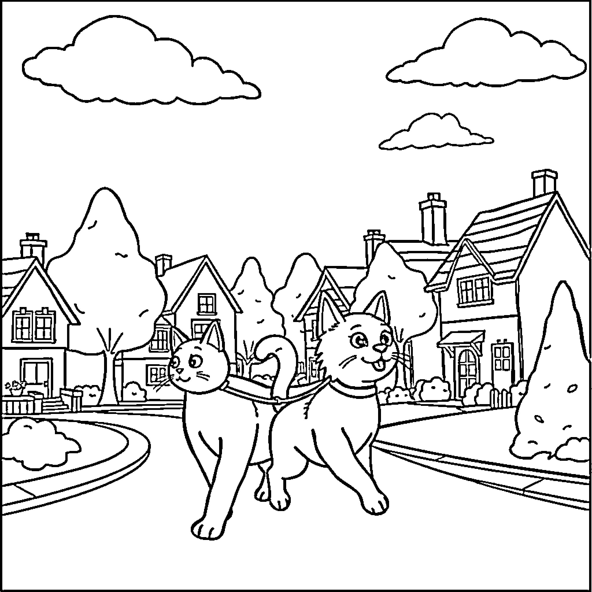 Catdog exploring a quaint village Coloring Page (free black-and-white line drawing printable PDF for all, from beginners to advanced learners, including children, teens, adults, and seniors)