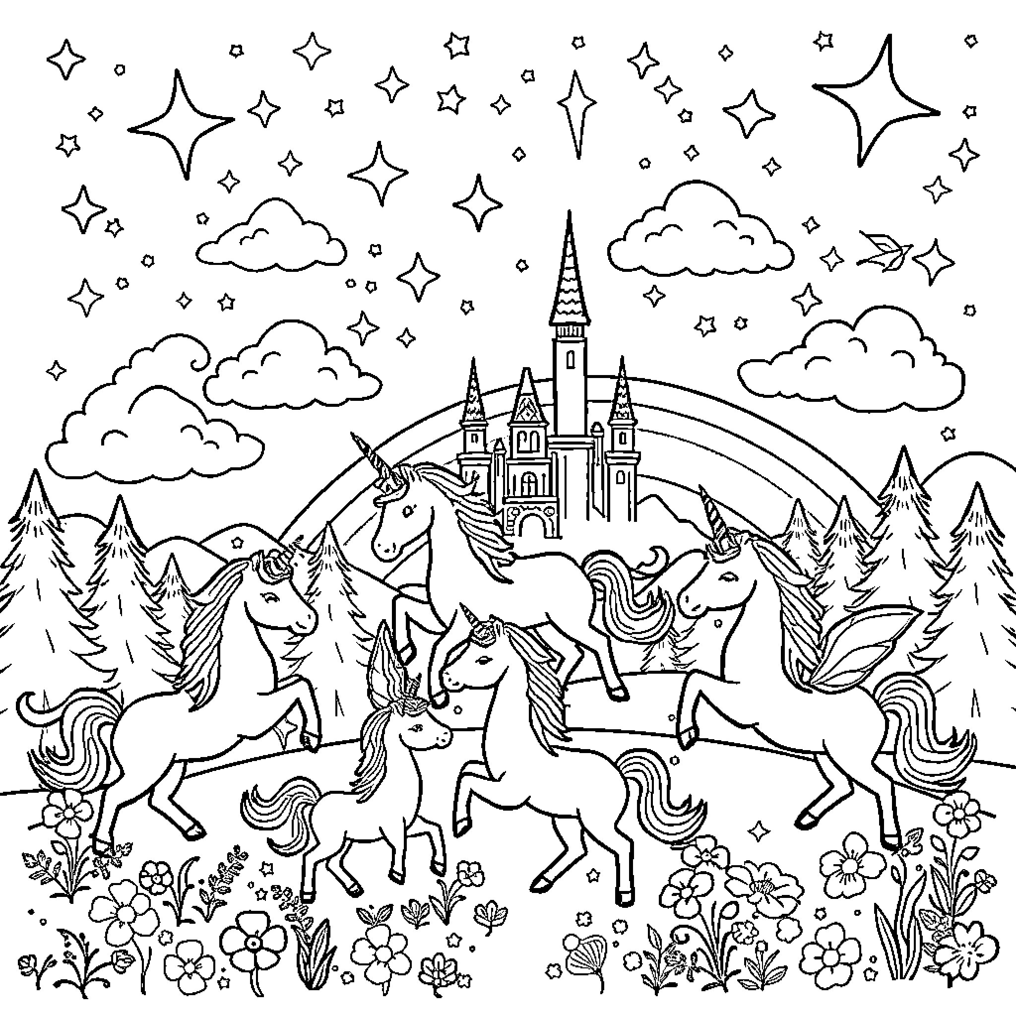 Unicorn Fantasy Scene with Castle and Forest Coloring Page (free black-and-white line drawing printable PDF for all, from beginners to advanced learners, including children, teens, adults, and seniors)