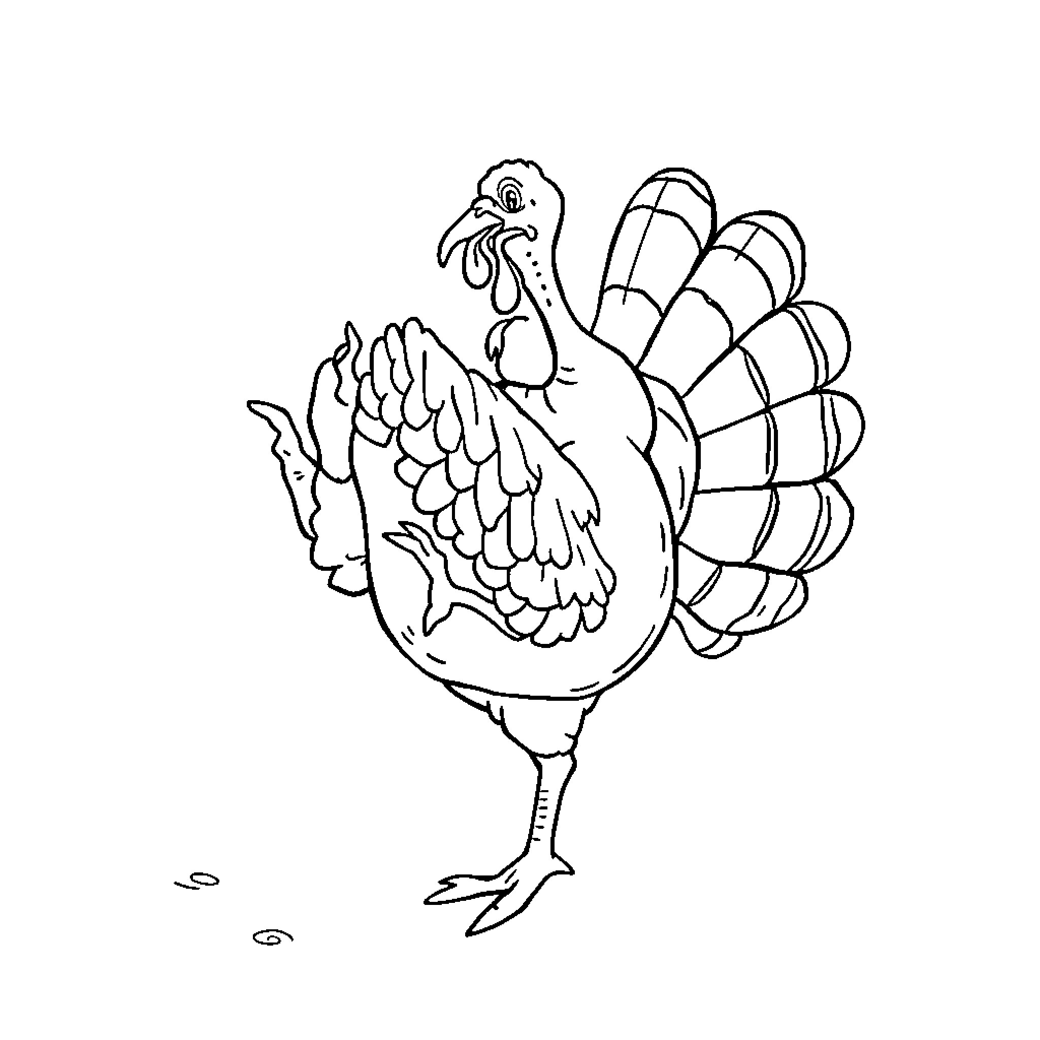 Turkey with feathers fanned in a simple outline Coloring Page (free black-and-white line drawing printable PDF for all, from beginners to advanced learners, including children, teens, adults, and seniors)