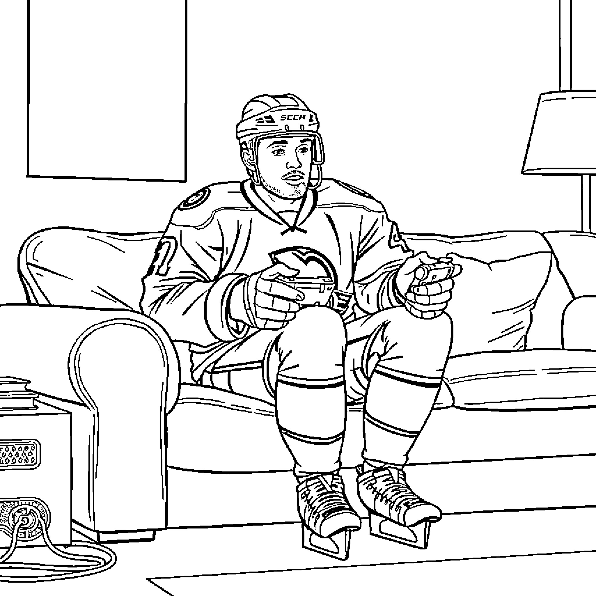 Hockey Player Sitting on Bench, Focused Expression Coloring Page (free black-and-white line drawing printable PDF for all, from beginners to advanced learners, including children, teens, adults, and seniors)