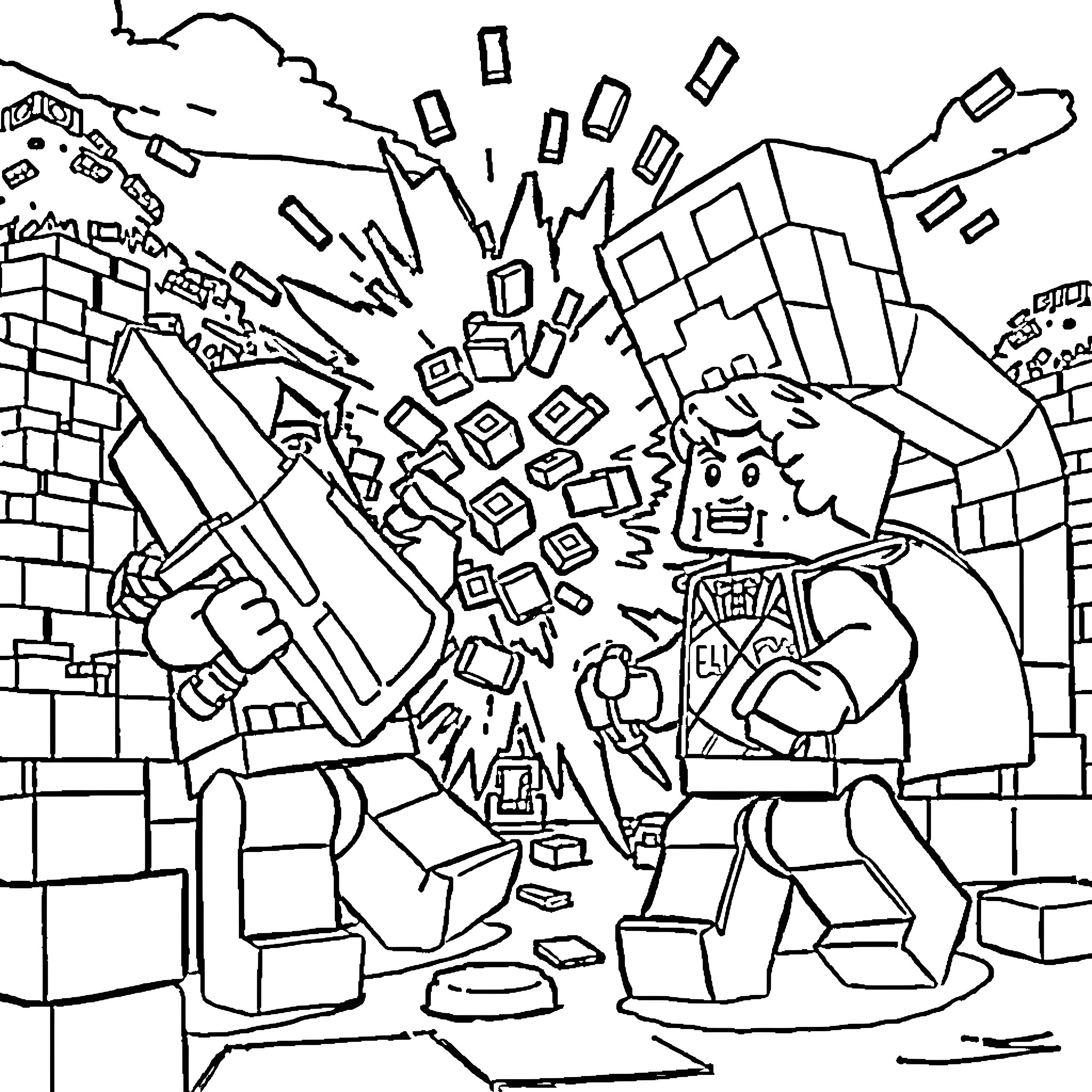 Minecraft characters engaged in an explosive battle Coloring Page (free black-and-white line drawing printable PDF for all, from beginners to advanced learners, including children, teens, adults, and seniors)