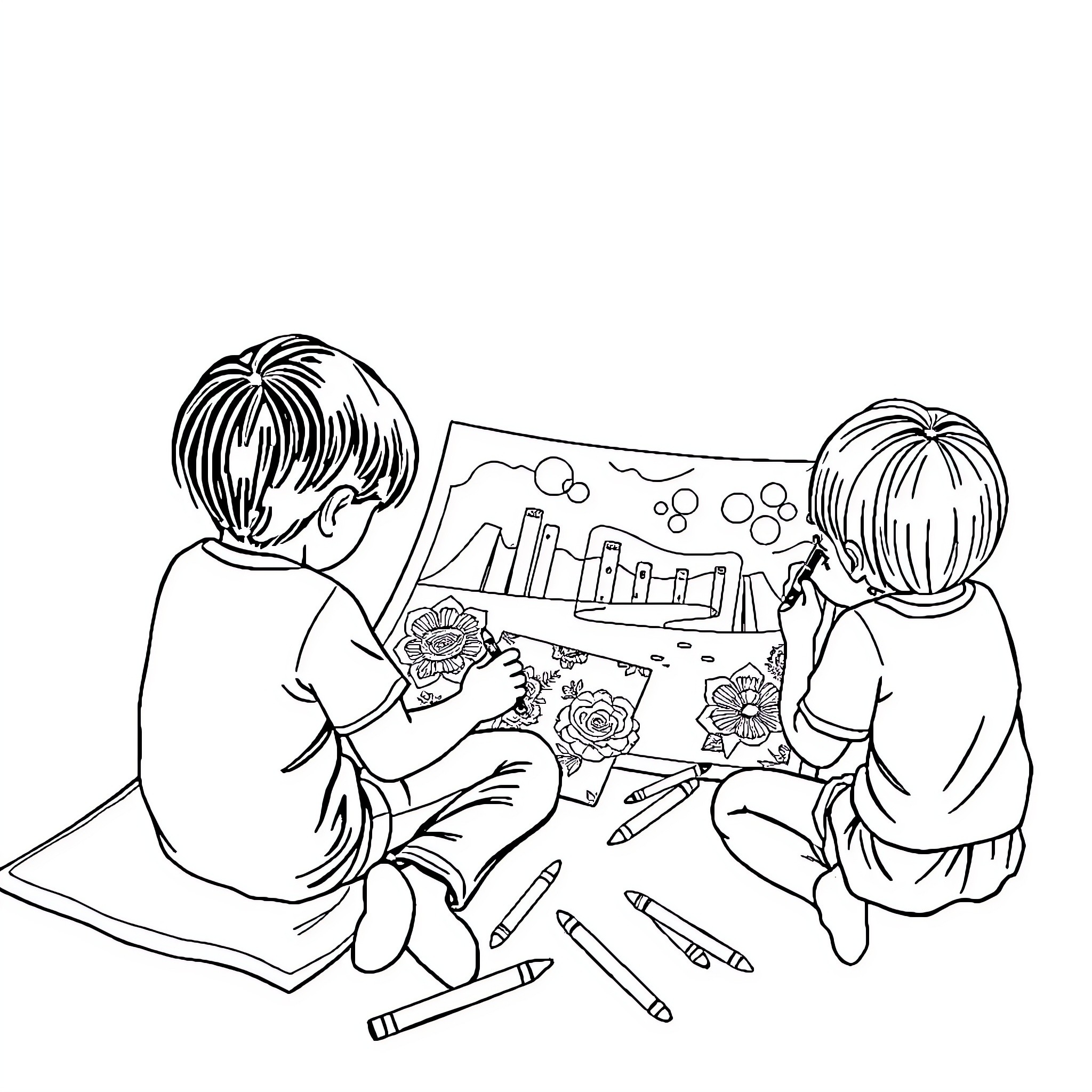Kids coloring and drawing together Coloring Page (free black-and-white line drawing printable PDF for all, from beginners to advanced learners, including children, teens, adults, and seniors)