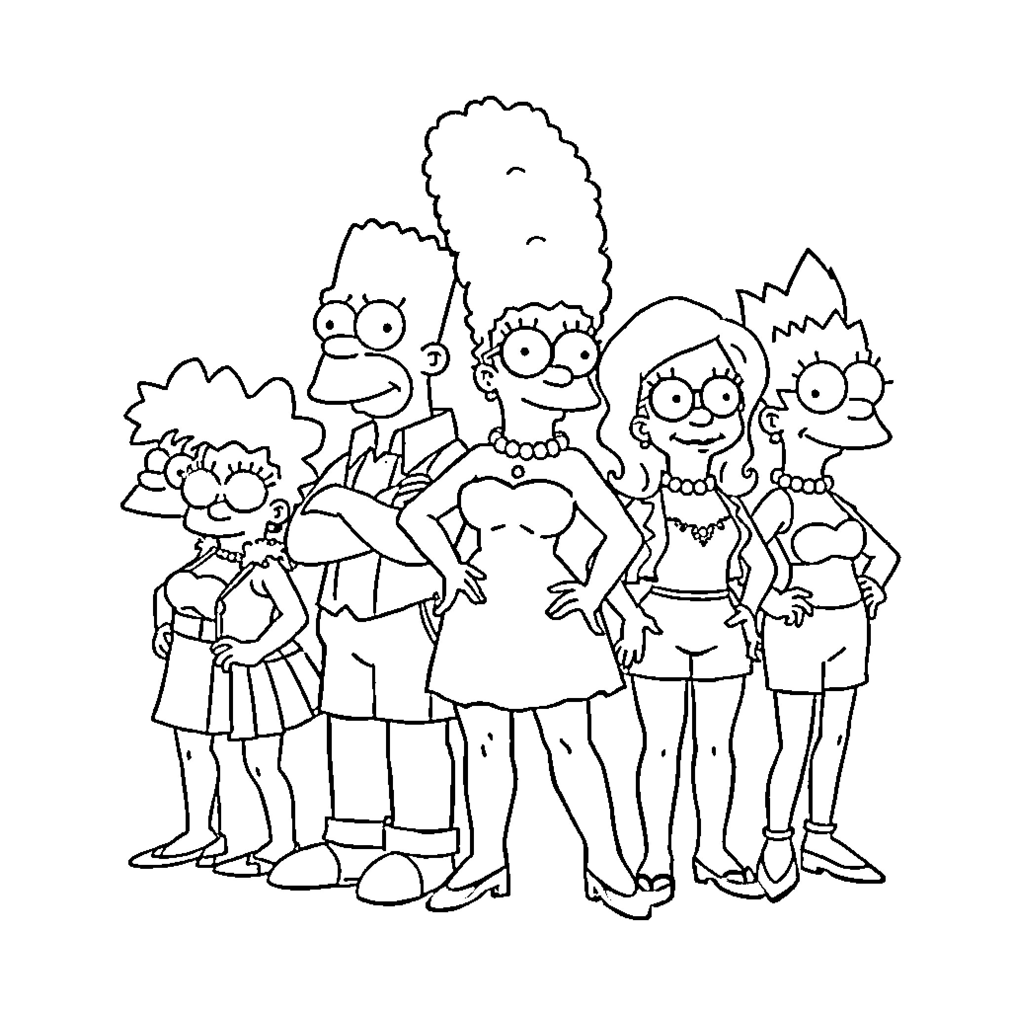 Simpsons family members in casual attire Coloring Page (free black-and-white line drawing printable PDF for all, from beginners to advanced learners, including children, teens, adults, and seniors)