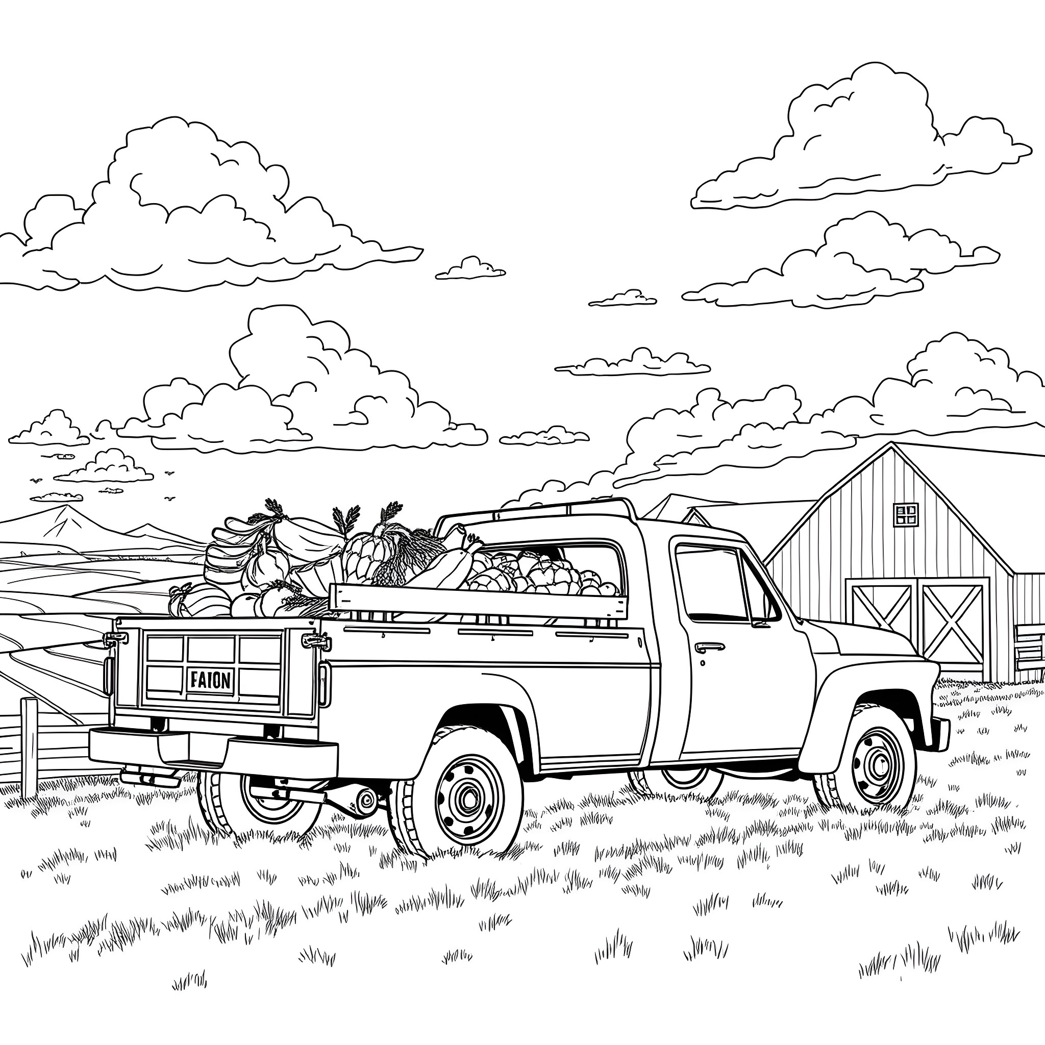 Truck transporting produce in rural landscape Coloring Page (free black-and-white line drawing printable PDF for all, from beginners to advanced learners, including children, teens, adults, and seniors)