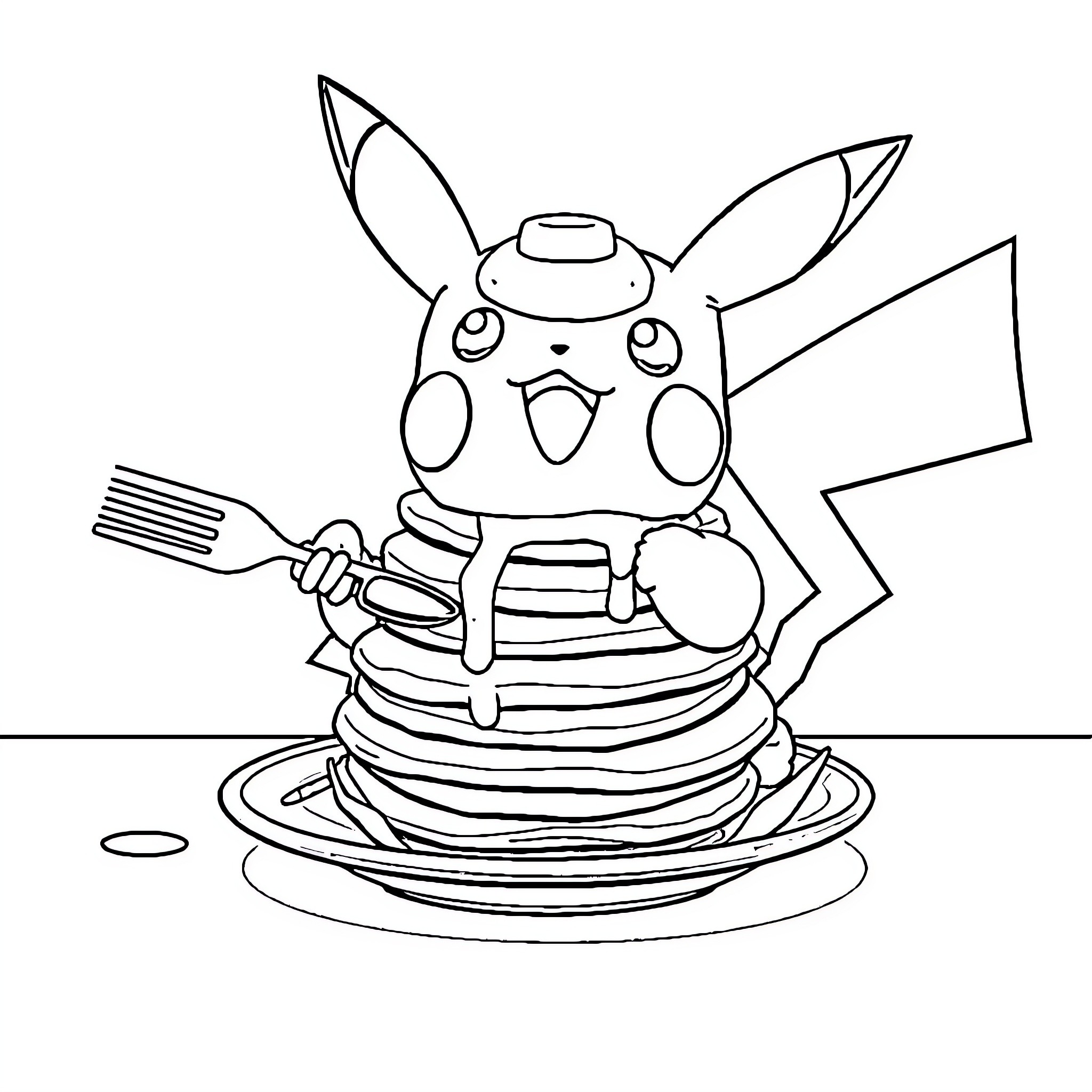 Pikachu enjoying a stack of pancakes Coloring Page (free black-and-white line drawing printable PDF for all, from beginners to advanced learners, including children, teens, adults, and seniors)