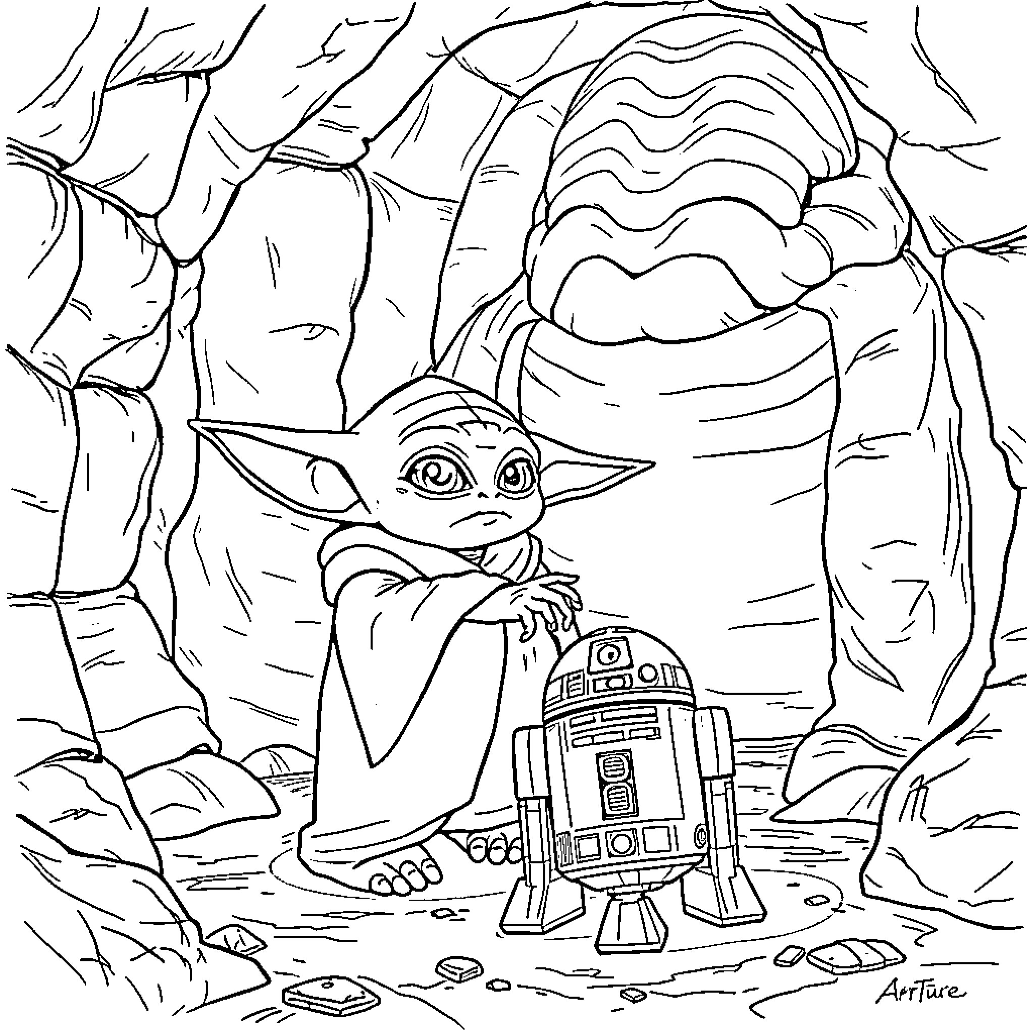 Yoda interacting with droid in forest setting Coloring Page (free black-and-white line drawing printable PDF for all, from beginners to advanced learners, including children, teens, adults, and seniors)