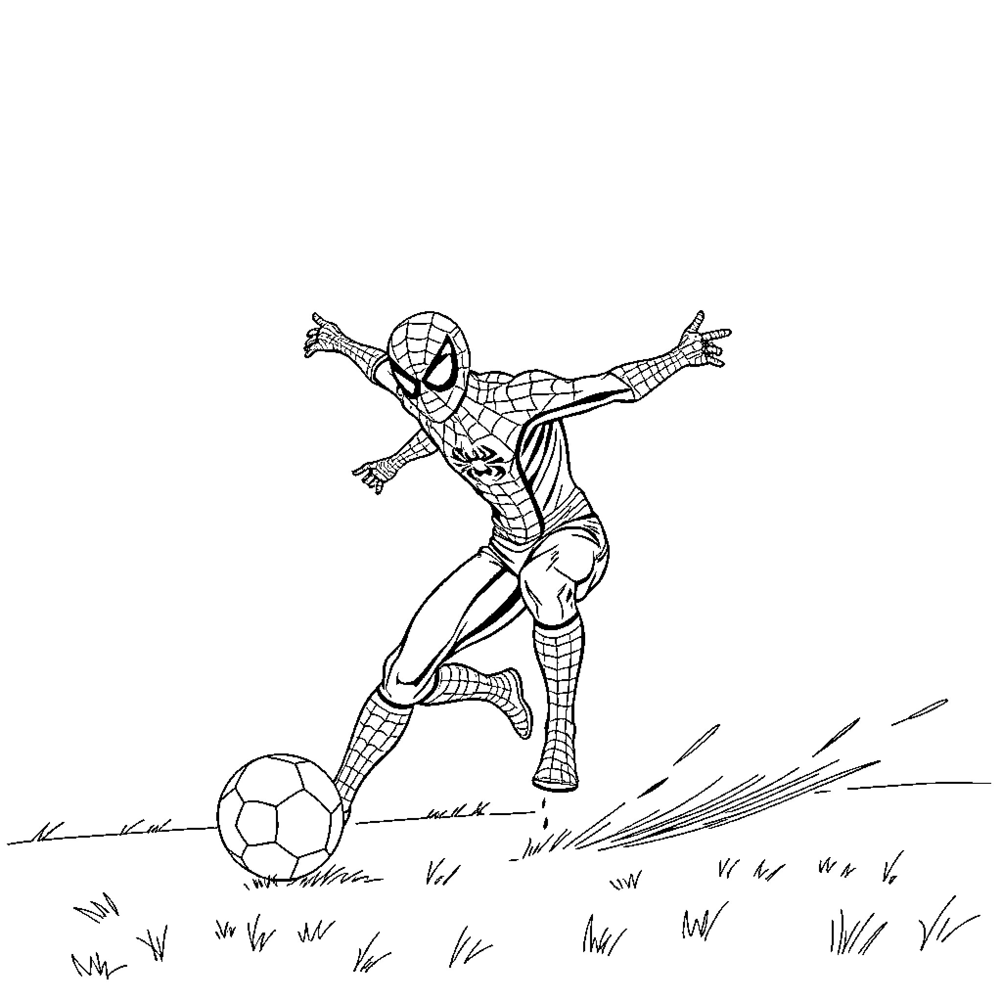 Spiderman playing soccer on the field Coloring Page (free black-and-white line drawing printable PDF for all, from beginners to advanced learners, including children, teens, adults, and seniors)