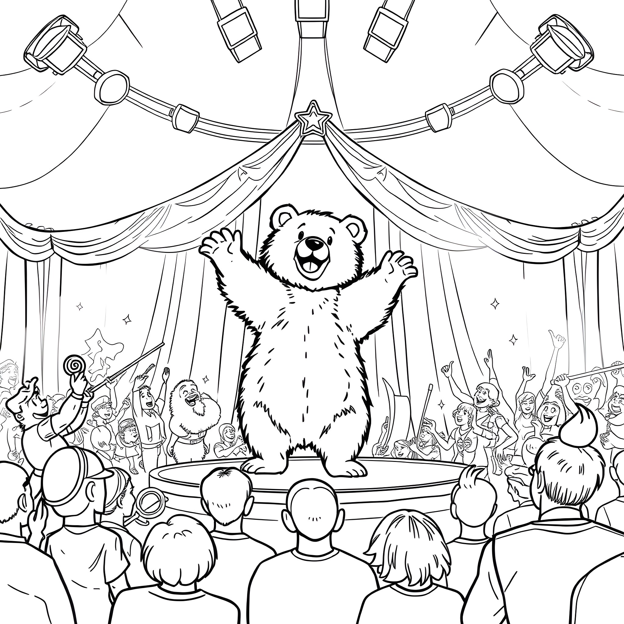 Bear performing tricks in the circus tent Coloring Page (free black-and-white line drawing printable PDF for all, from beginners to advanced learners, including children, teens, adults, and seniors)