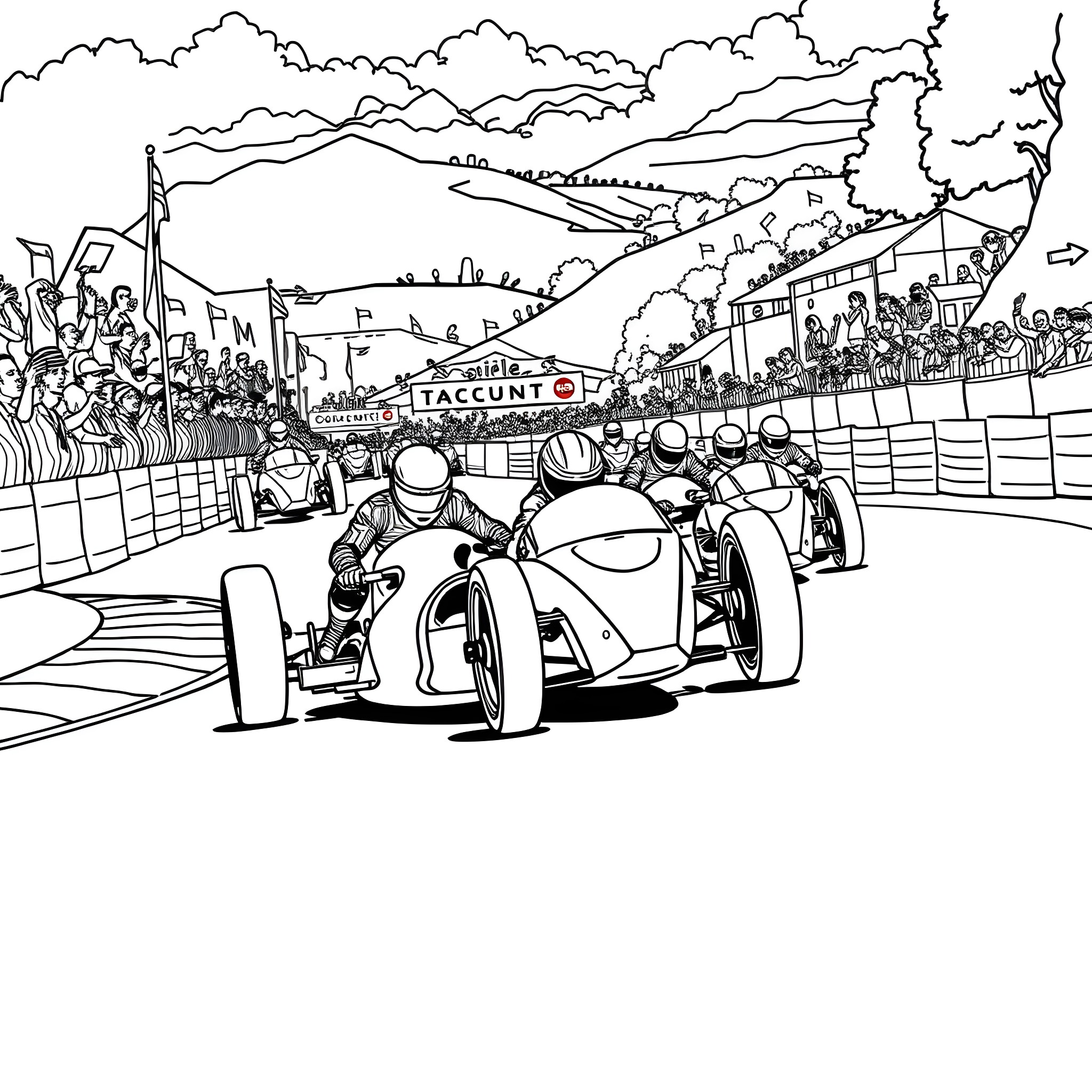 F1 Racing Cars on Track with Spectators Coloring Page (free black-and-white line drawing printable PDF for all, from beginners to advanced learners, including children, teens, adults, and seniors)