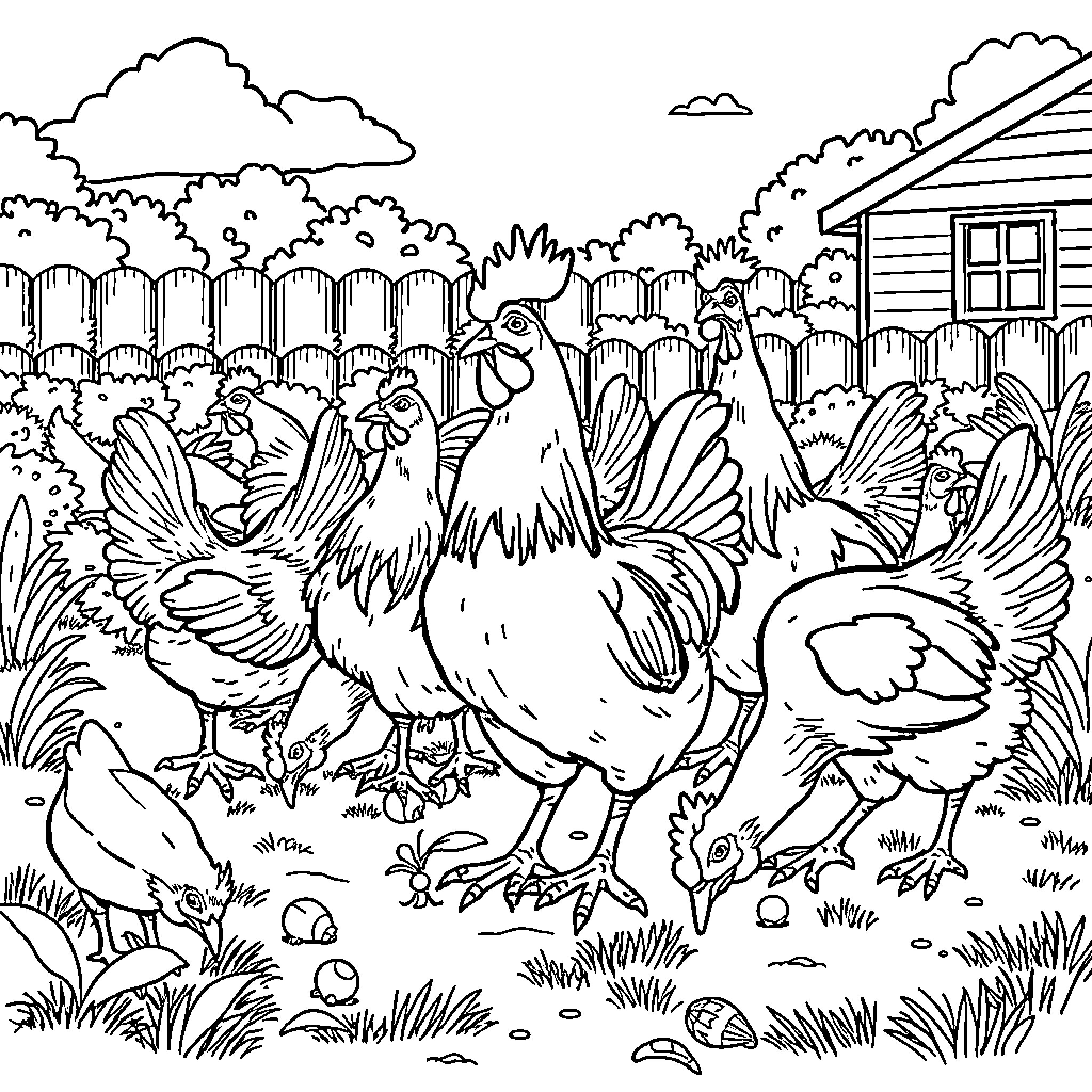 Chicken Flock on a Farmyard Landscape Coloring Page (free black-and-white line drawing printable PDF for all, from beginners to advanced learners, including children, teens, adults, and seniors)