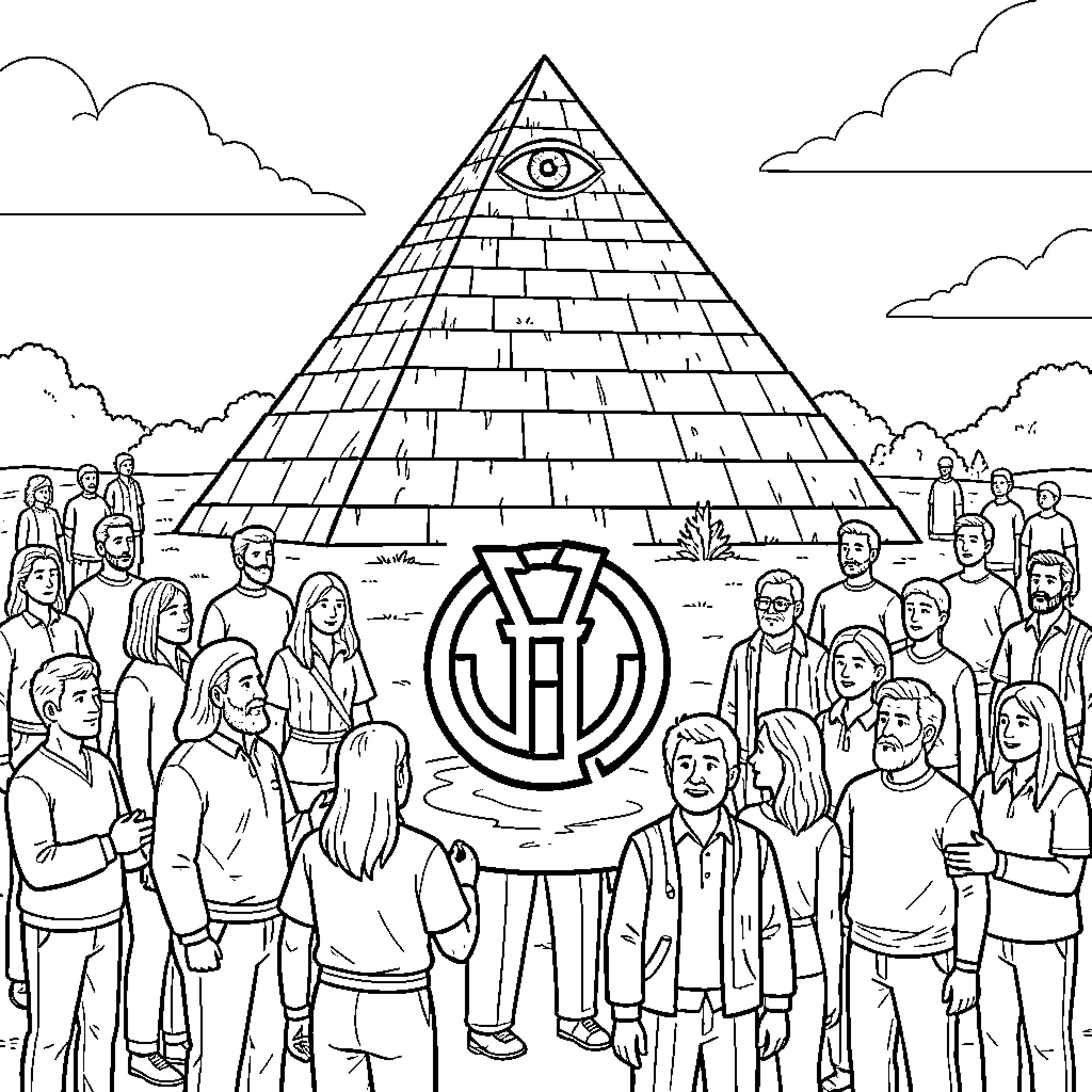 Pirámide with an eye watching a group of people Coloring Page (free black-and-white line drawing printable PDF for all, from beginners to advanced learners, including children, teens, adults, and seniors)