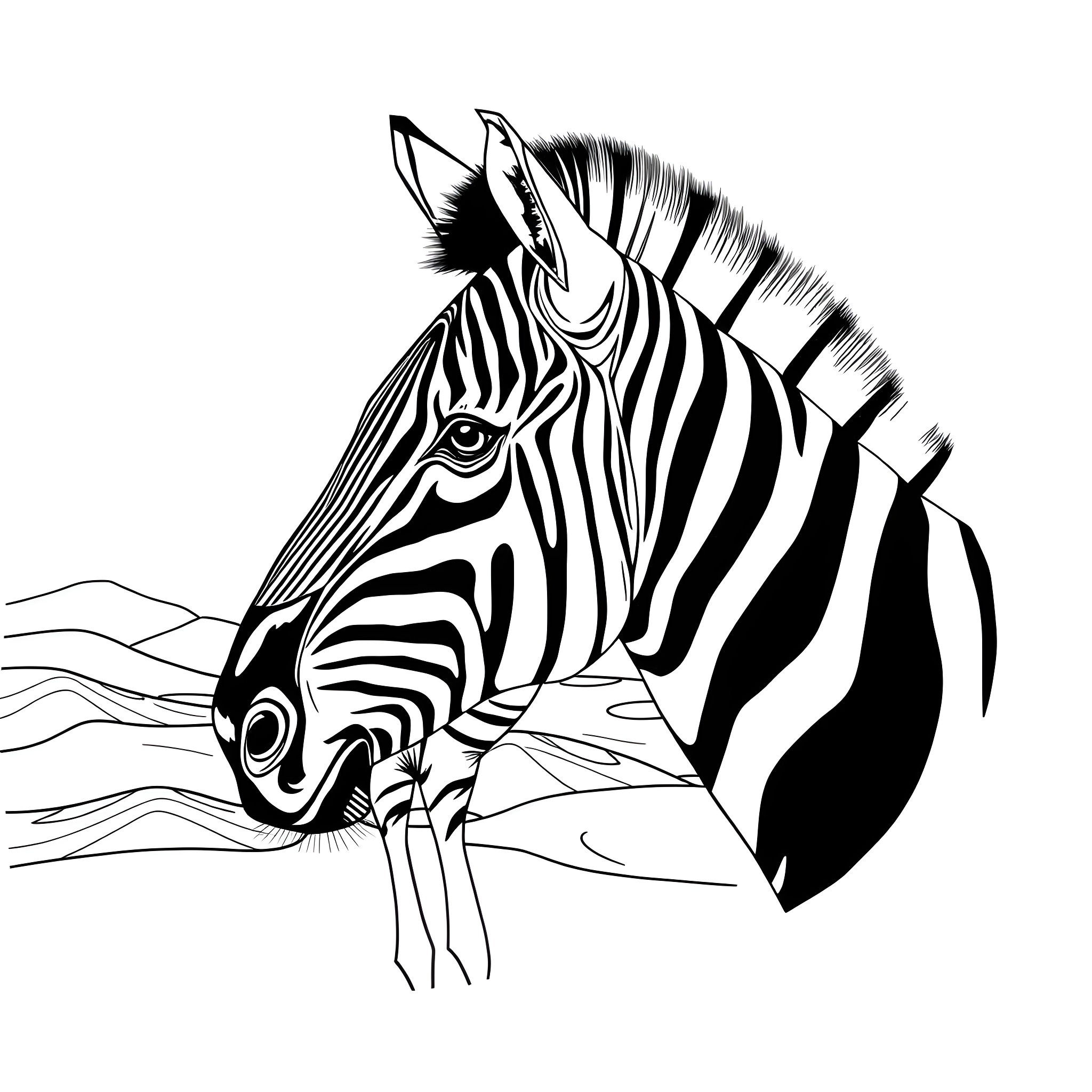Zebra grazing in a natural setting Coloring Page (free black-and-white line drawing printable PDF for all, from beginners to advanced learners, including children, teens, adults, and seniors)