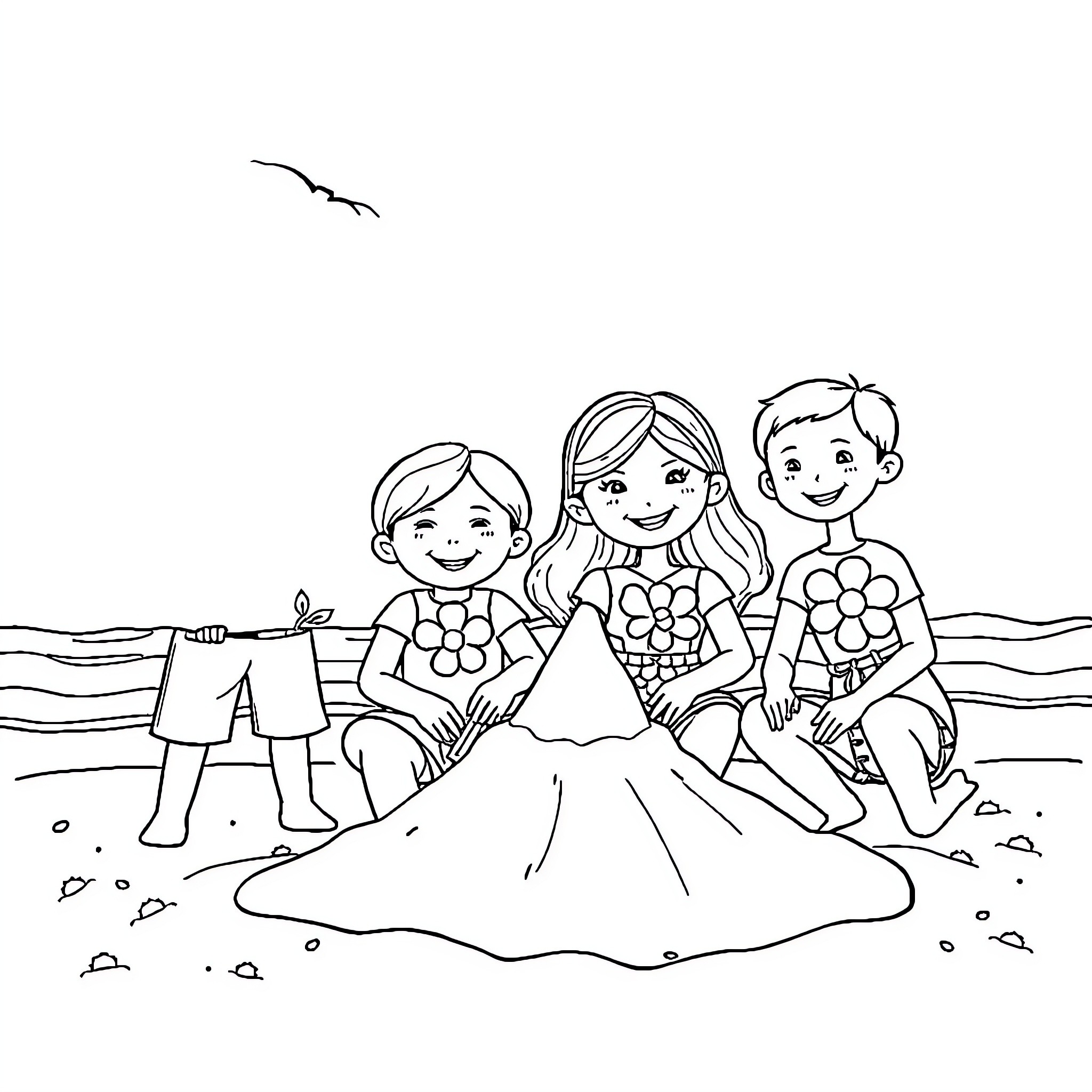 Flower children playing together on the beach Coloring Page (free black-and-white line drawing printable PDF for all, from beginners to advanced learners, including children, teens, adults, and seniors)
