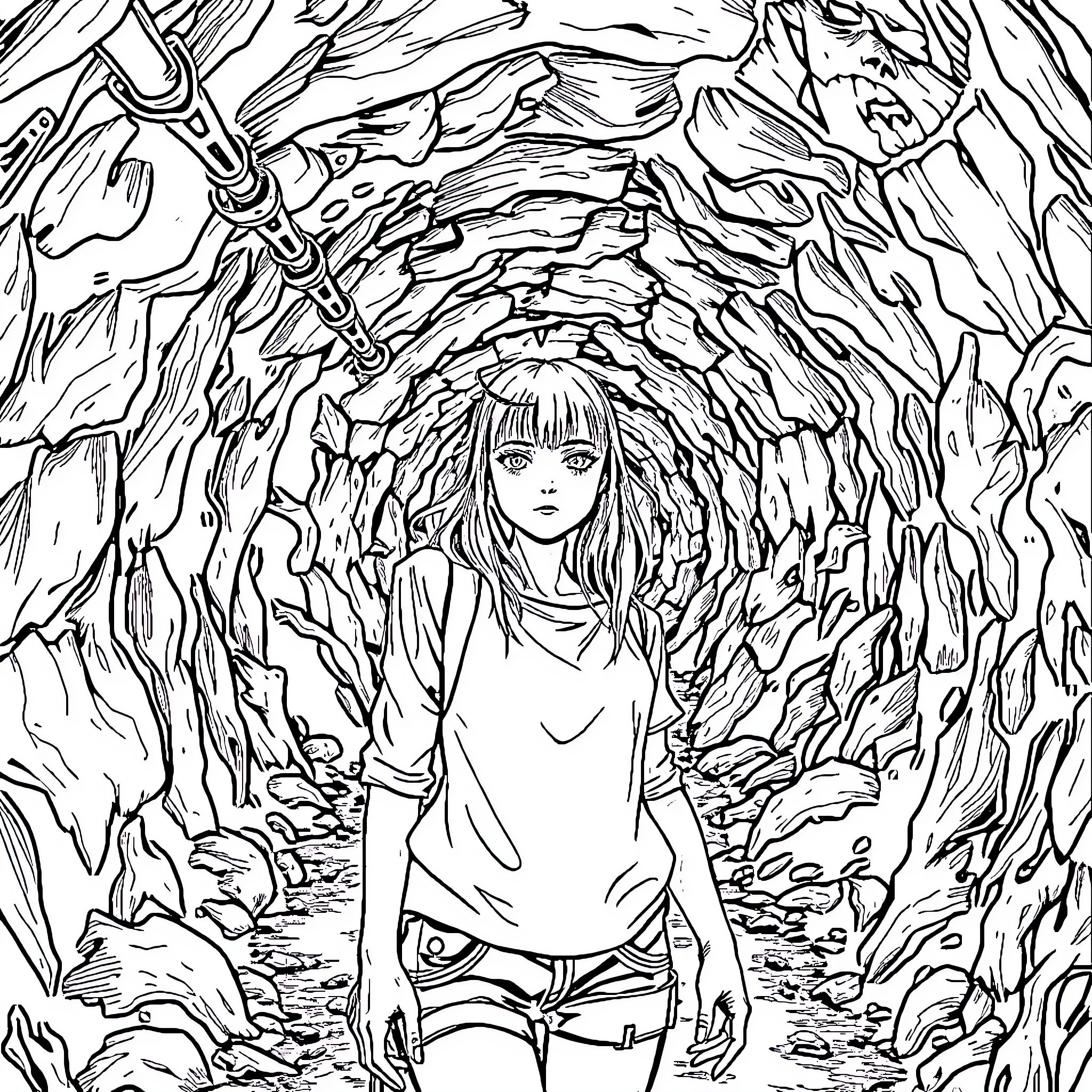 Girl Navigating Surreal Tunnel Coloring Page (free black-and-white line drawing printable PDF for all, from beginners to advanced learners, including children, teens, adults, and seniors)