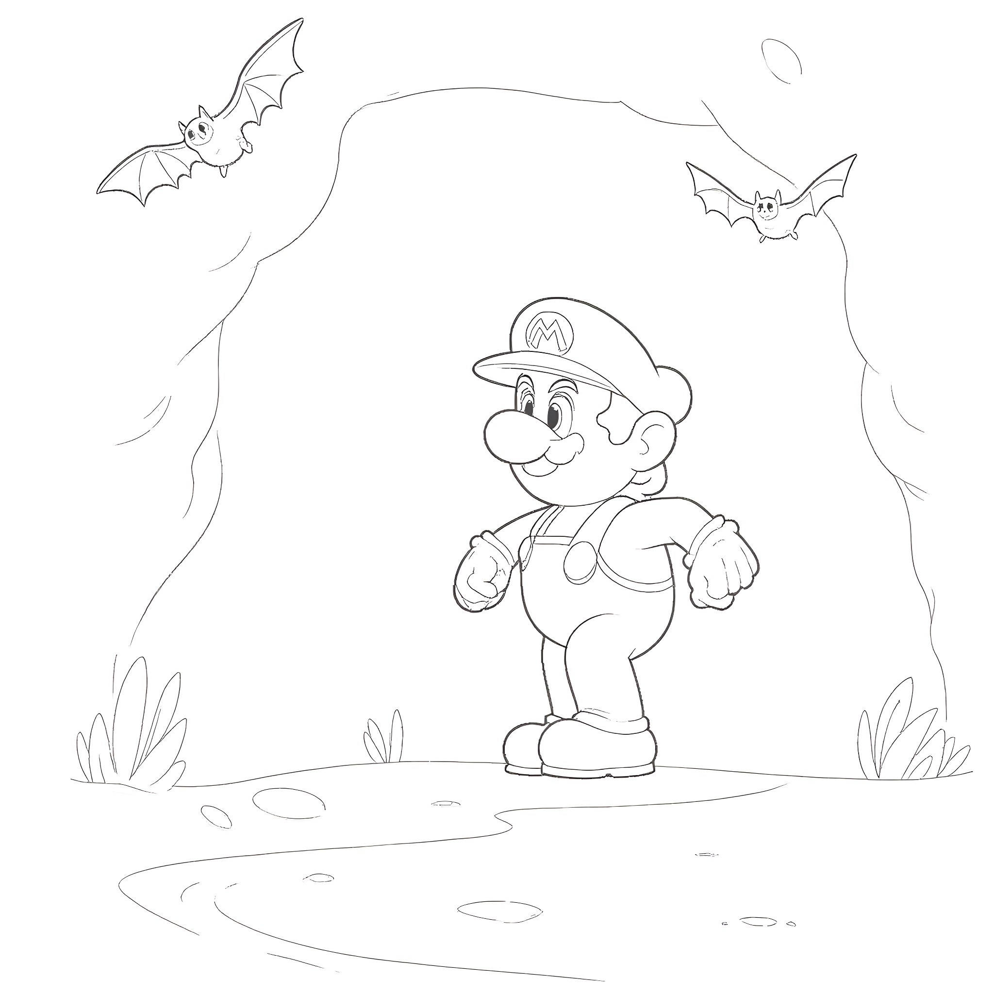 Mario encounters bats in a spooky setting Coloring Page (free black-and-white line drawing printable PDF for all, from beginners to advanced learners, including children, teens, adults, and seniors)