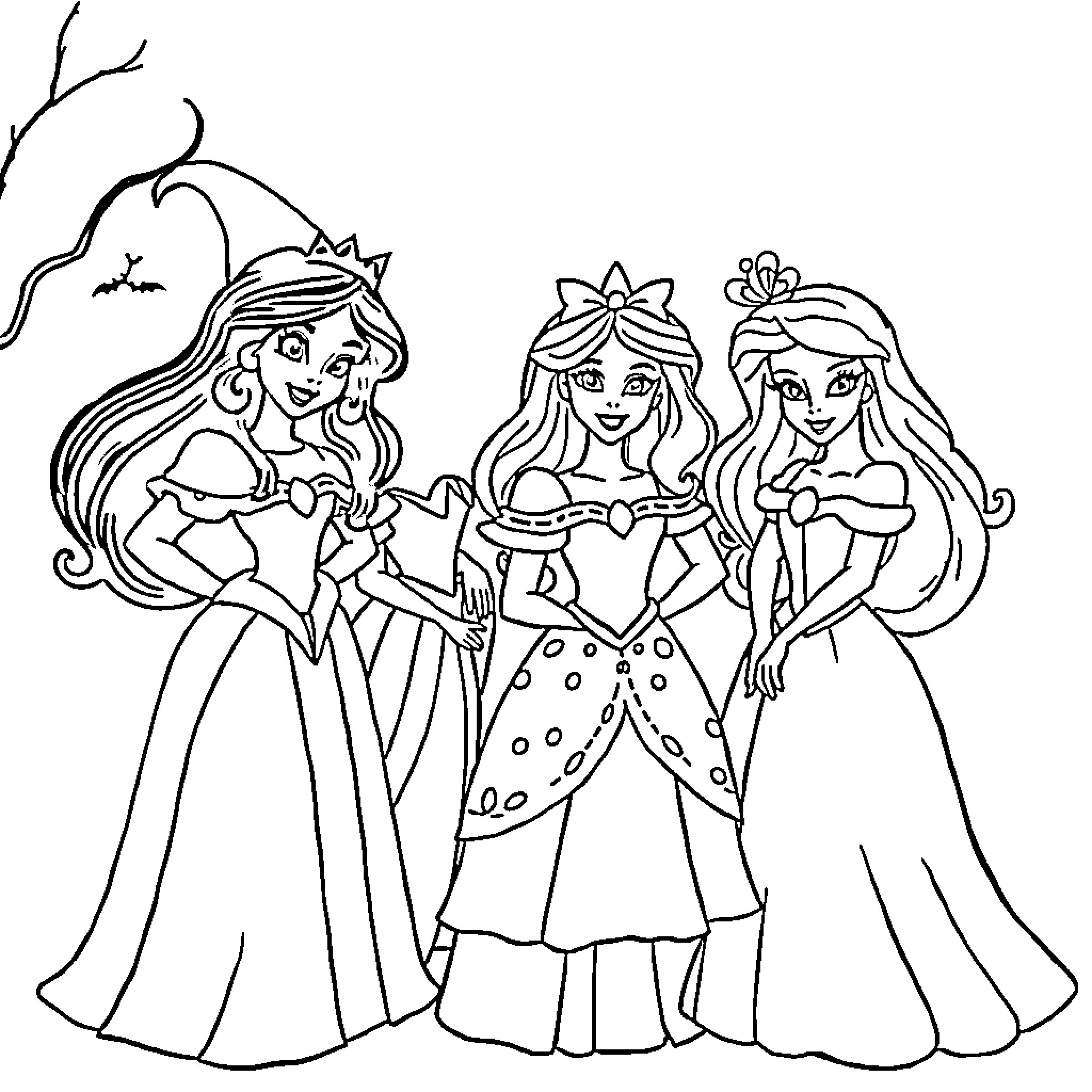 Disney Princess Trio in Elegant Attire Coloring Page (free black-and-white line drawing printable PDF for all, from beginners to advanced learners, including children, teens, adults, and seniors)
