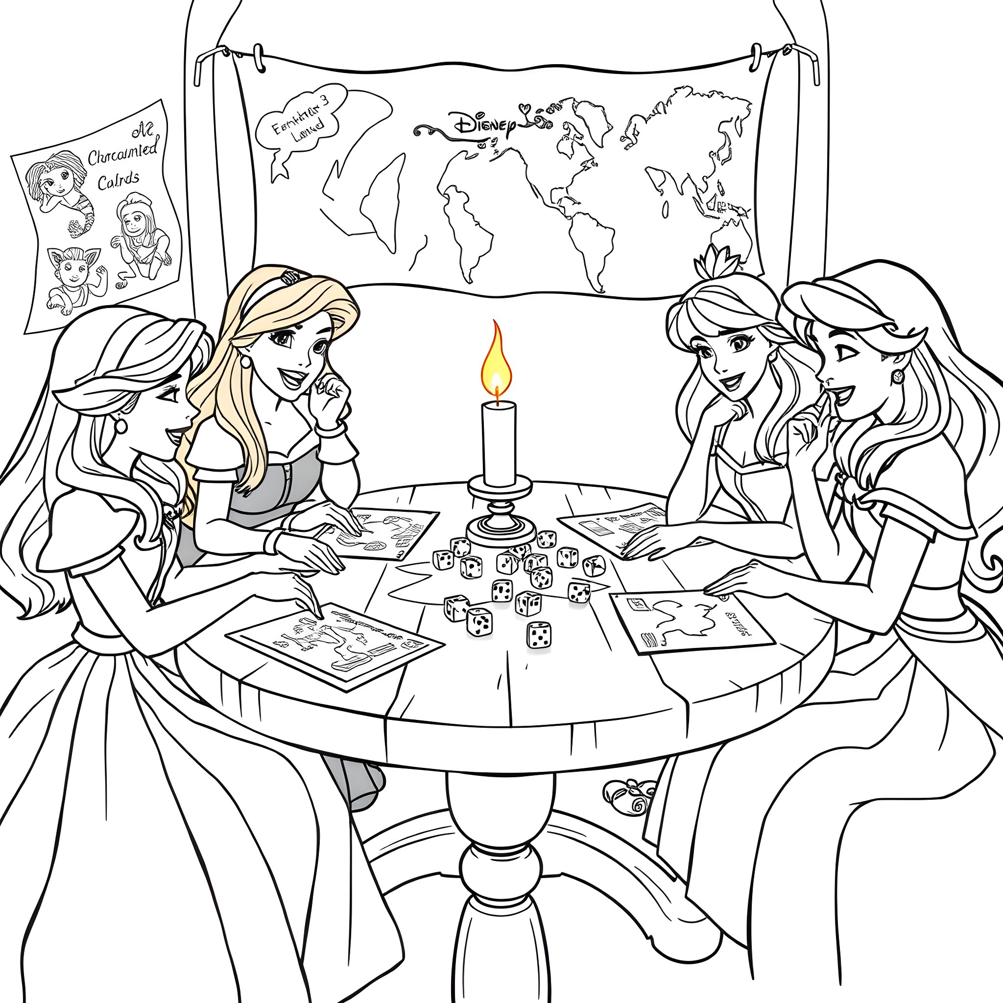 Disney Princesses Discussing Travel Plans Around the World Coloring Page (free black-and-white line drawing printable PDF for all, from beginners to advanced learners, including children, teens, adults, and seniors)