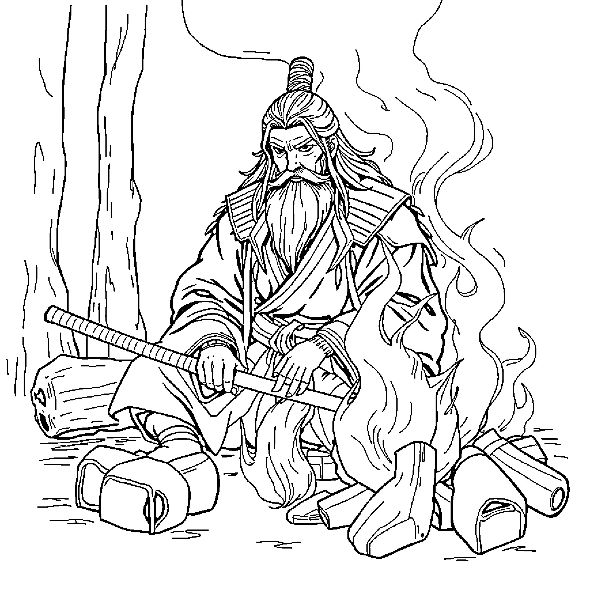 Samurai warrior in fierce battle stance Coloring Page (free black-and-white line drawing printable PDF for all, from beginners to advanced learners, including children, teens, adults, and seniors)