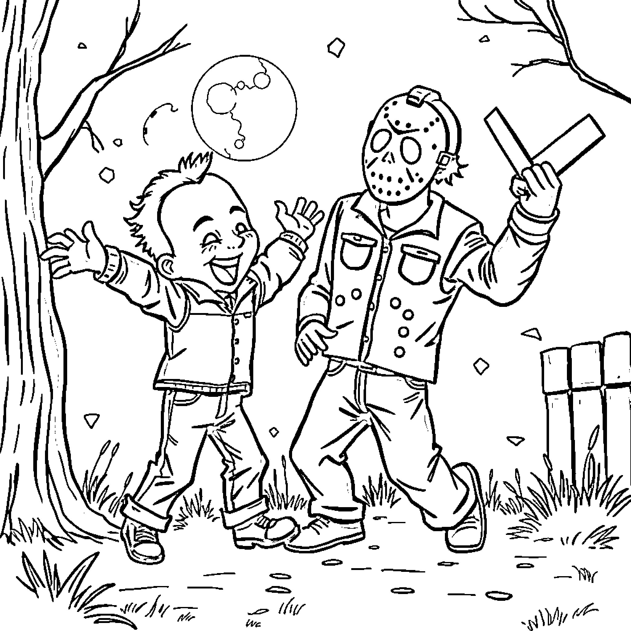 Michael Myers and Ghostly Companion in Creepy Woodland Coloring Page (free black-and-white line drawing printable PDF for all, from beginners to advanced learners, including children, teens, adults, and seniors)