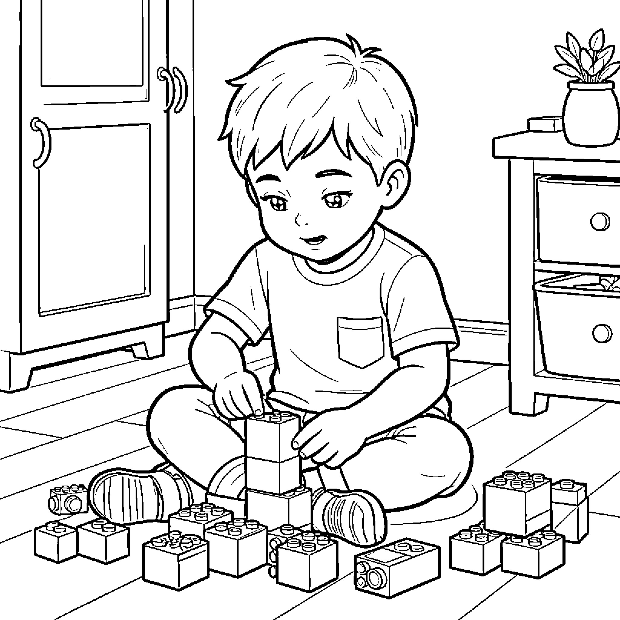 Lego building blocks being assembled by a happy child Coloring Page (free black-and-white line drawing printable PDF for all, from beginners to advanced learners, including children, teens, adults, and seniors)