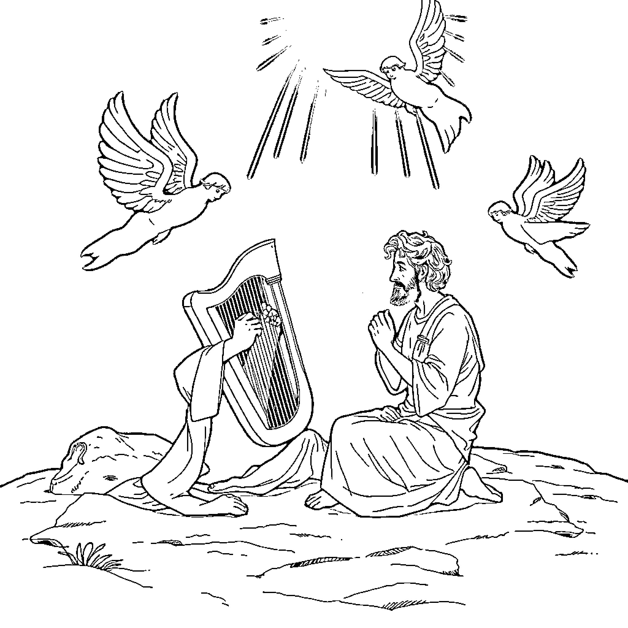 David praying with harp and heavenly angels Coloring Page (free black-and-white line drawing printable PDF for all, from beginners to advanced learners, including children, teens, adults, and seniors)