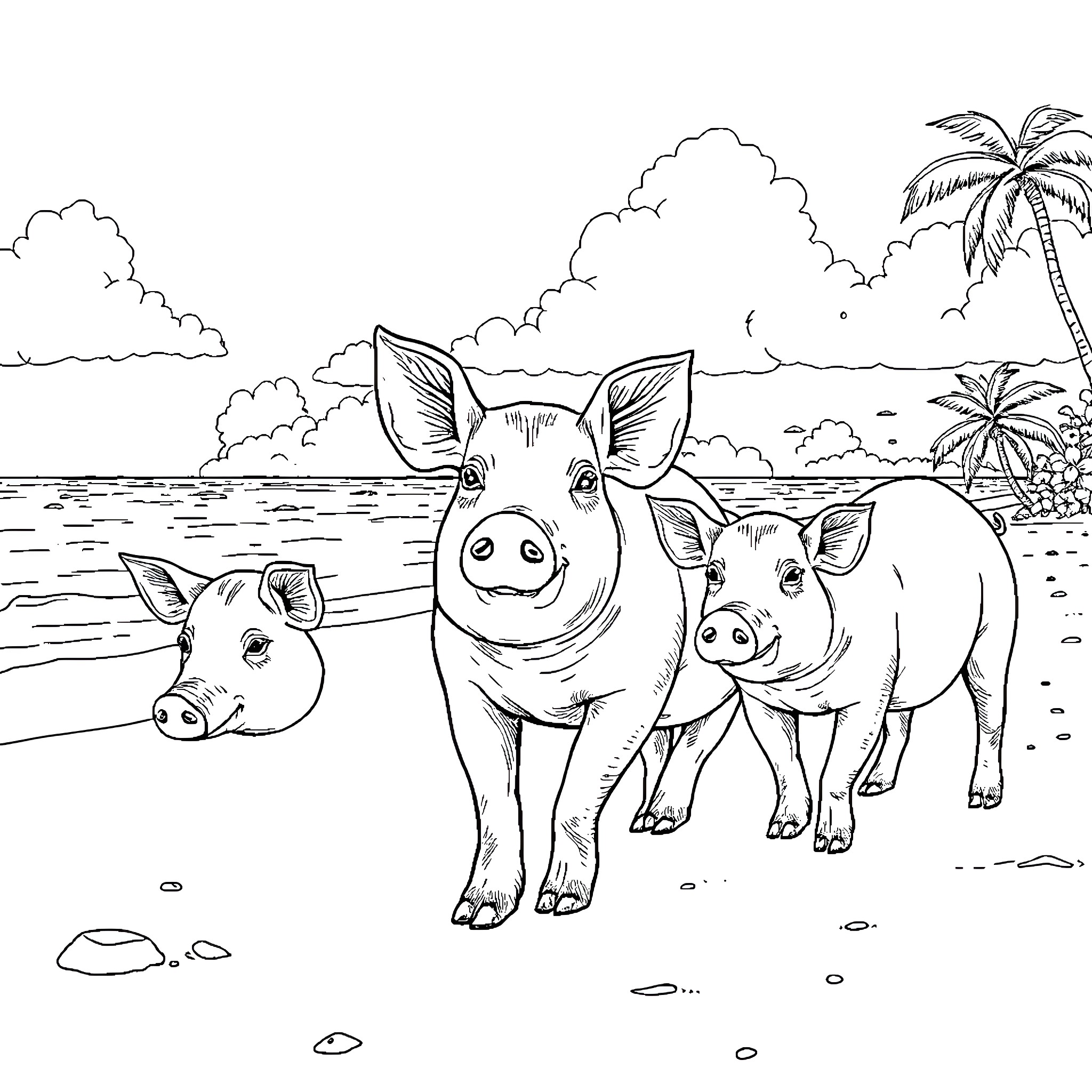 Pig family enjoying a day at the beach Coloring Page (free black-and-white line drawing printable PDF for all, from beginners to advanced learners, including children, teens, adults, and seniors)