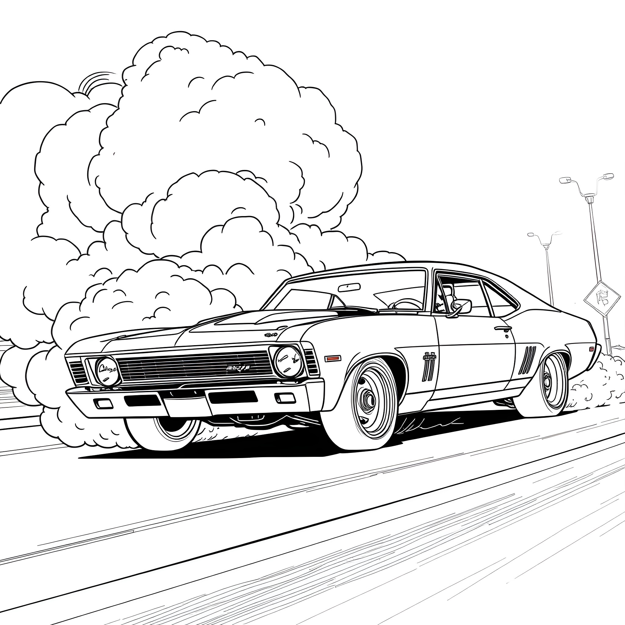 Chevy Nova racing through the streets Coloring Page (free black-and-white line drawing printable PDF for all, from beginners to advanced learners, including children, teens, adults, and seniors)