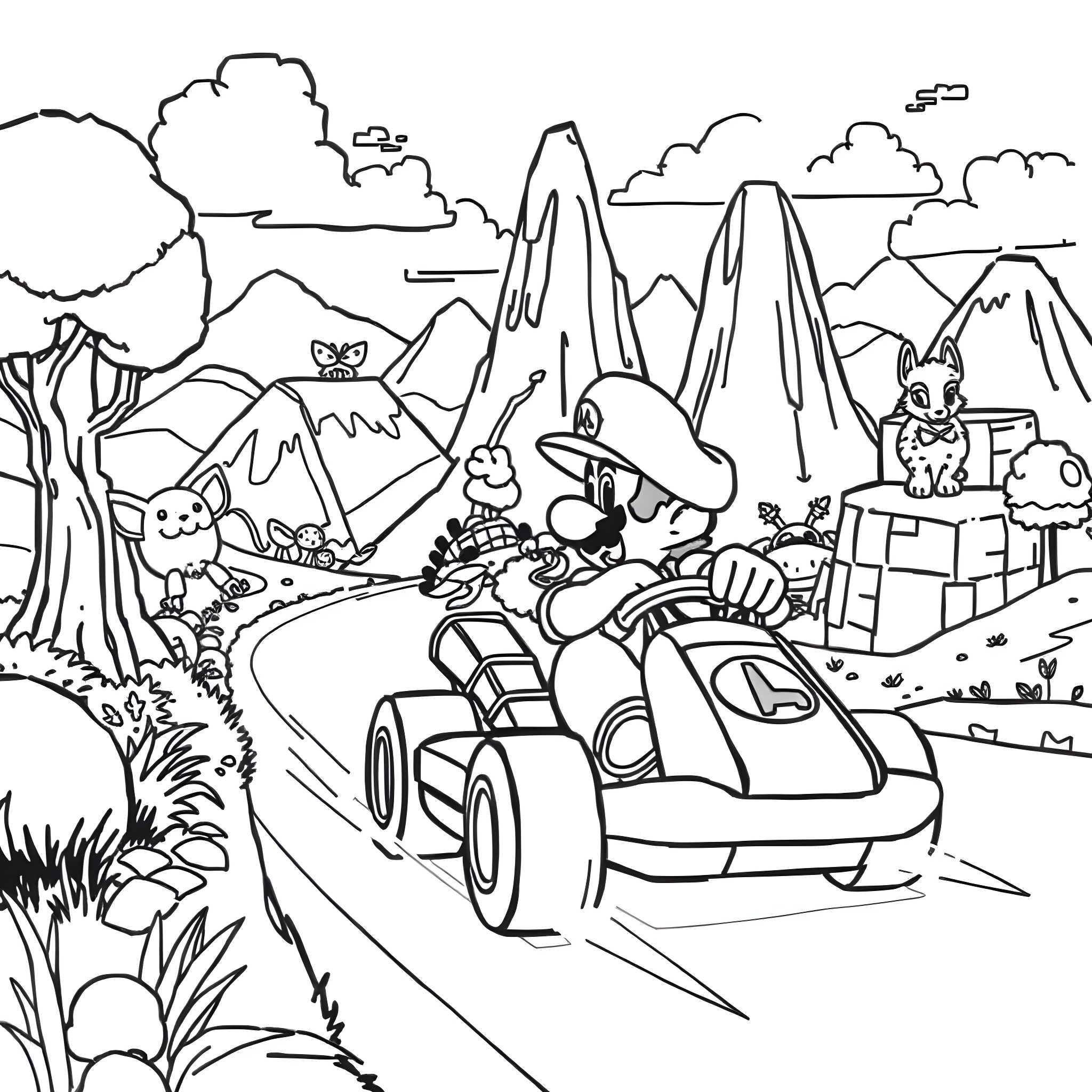 Mario Kart characters racing through a mountain landscape Coloring Page (free black-and-white line drawing printable PDF for all, from beginners to advanced learners, including children, teens, adults, and seniors)