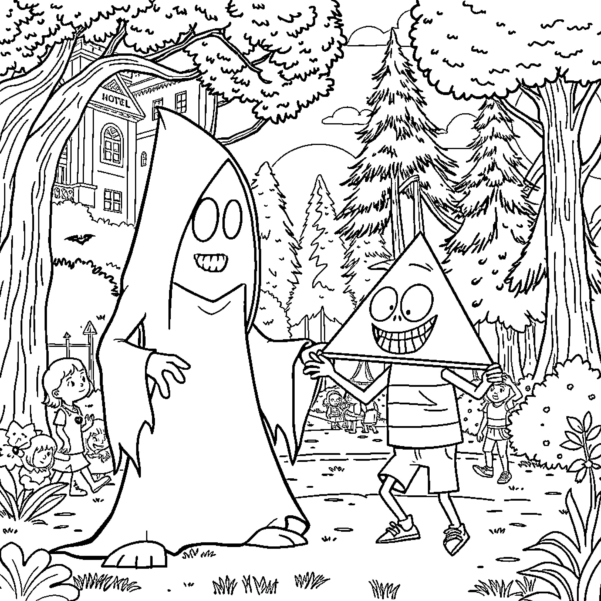Abaddon's Playful Encounter in the Enchanted Forest Coloring Page (free black-and-white line drawing printable PDF for all, from beginners to advanced learners, including children, teens, adults, and seniors)