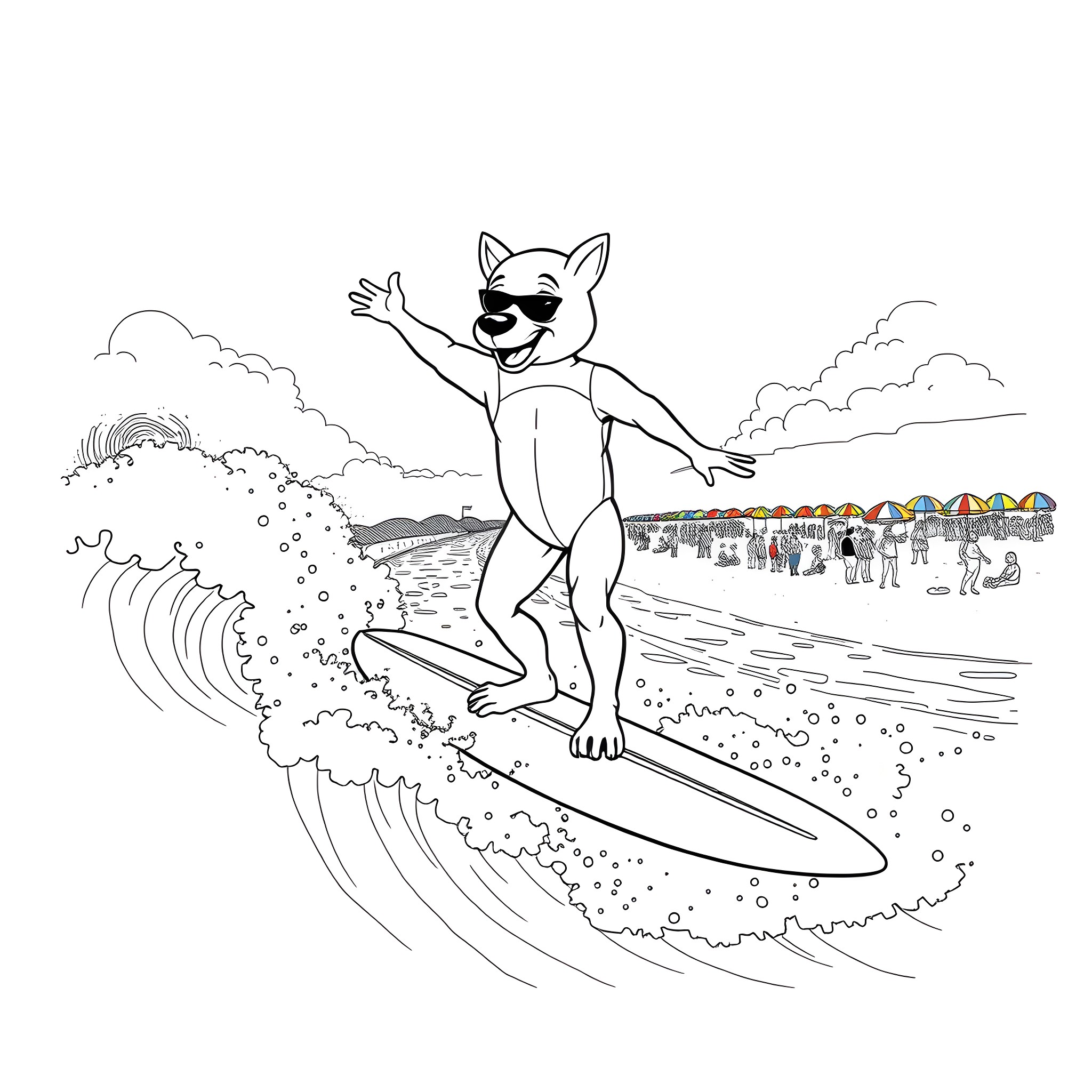 Labubu surfing the waves at the beach Coloring Page (free black-and-white line drawing printable PDF for all, from beginners to advanced learners, including children, teens, adults, and seniors)