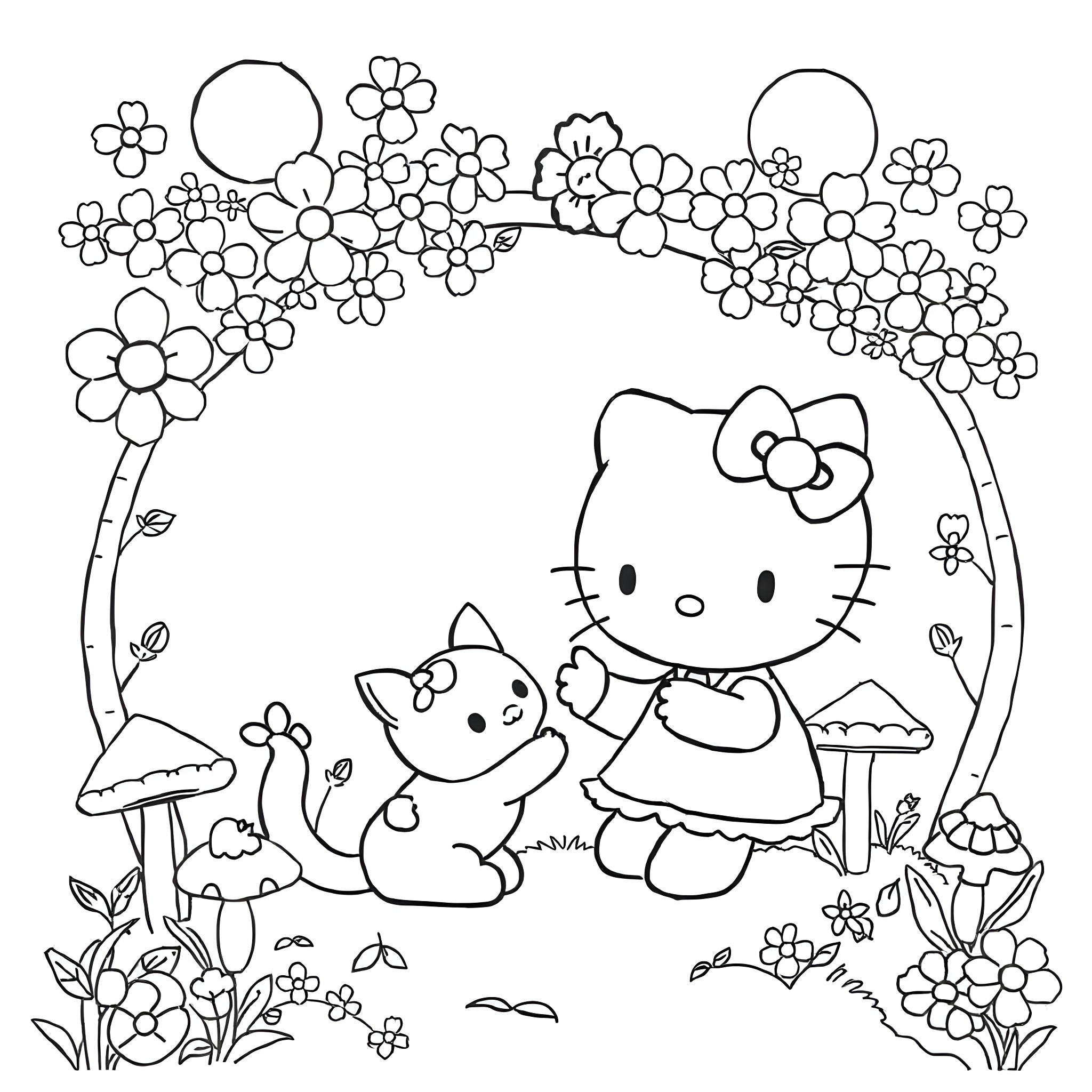 Hello Kitty and her friend enjoying a flower-filled scene Coloring Page (free black-and-white line drawing printable PDF for all, from beginners to advanced learners, including children, teens, adults, and seniors)