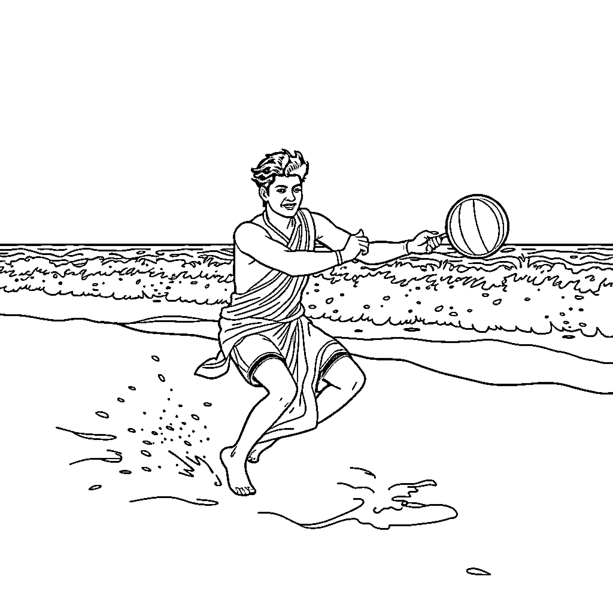 Shaktiman enjoying a day at the beach Coloring Page (free black-and-white line drawing printable PDF for all, from beginners to advanced learners, including children, teens, adults, and seniors)