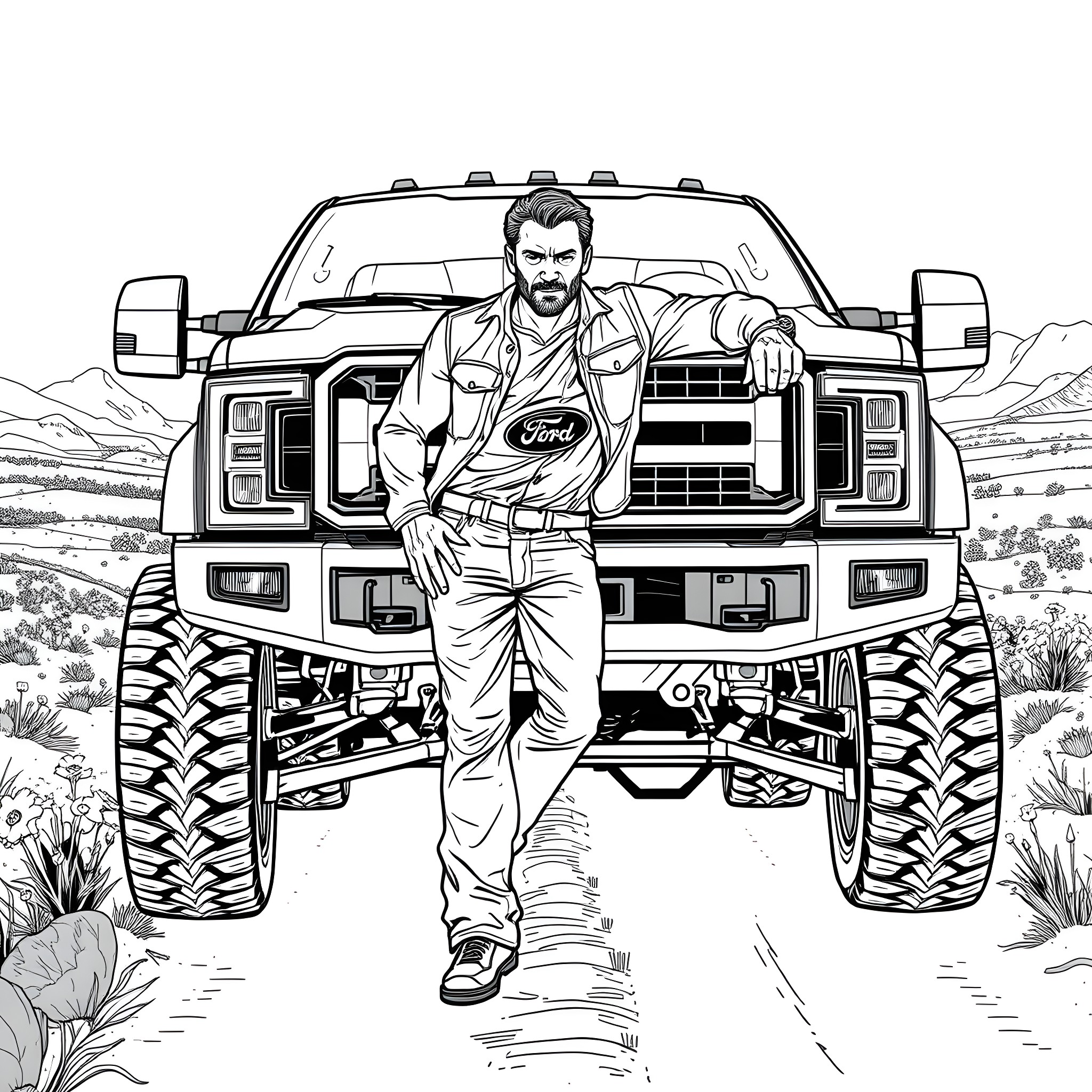 Man posing confidently in front of a rugged off-road vehicle Coloring Page (free black-and-white line drawing printable PDF for all, from beginners to advanced learners, including children, teens, adults, and seniors)
