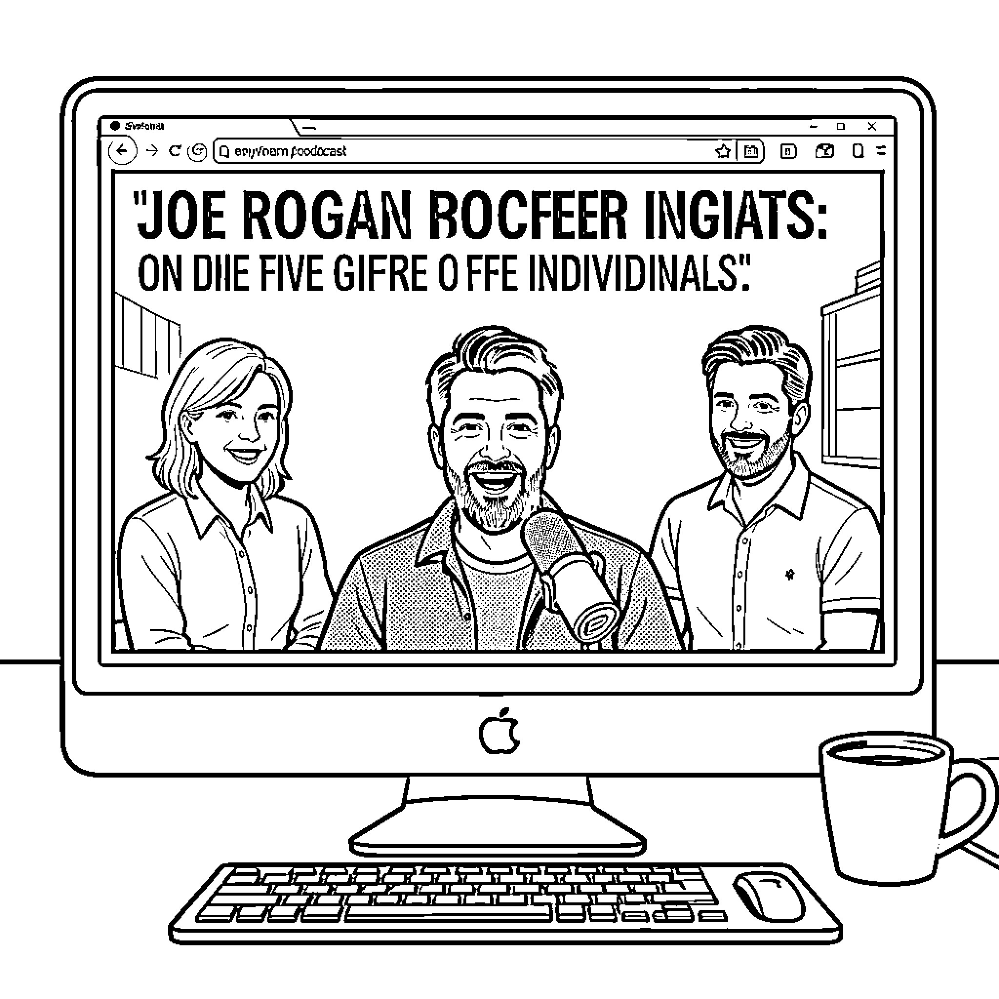 Joe Rogan hosting a podcast with two guests Coloring Page (free black-and-white line drawing printable PDF for all, from beginners to advanced learners, including children, teens, adults, and seniors)
