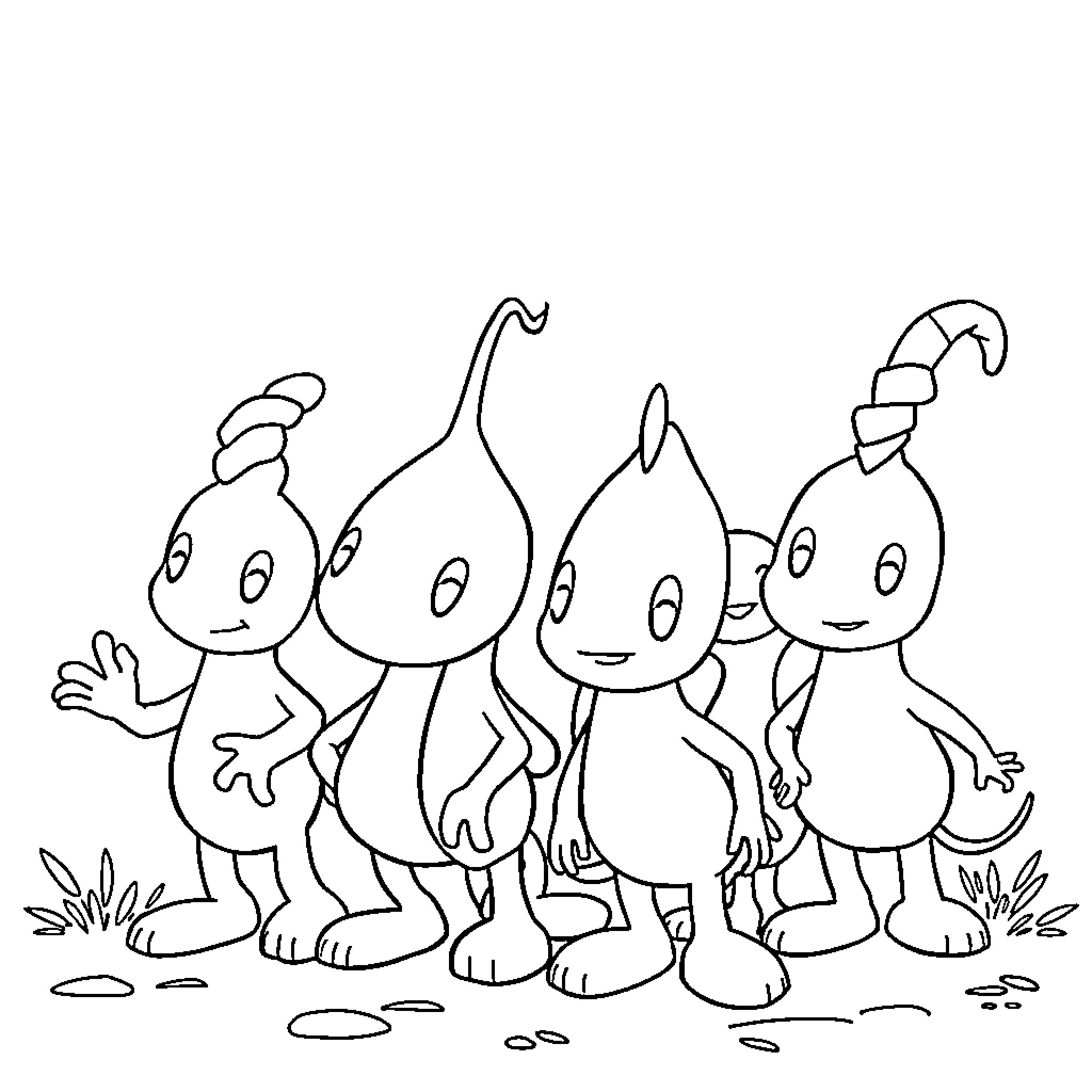 Pikmin characters in a whimsical scene Coloring Page (free black-and-white line drawing printable PDF for all, from beginners to advanced learners, including children, teens, adults, and seniors)