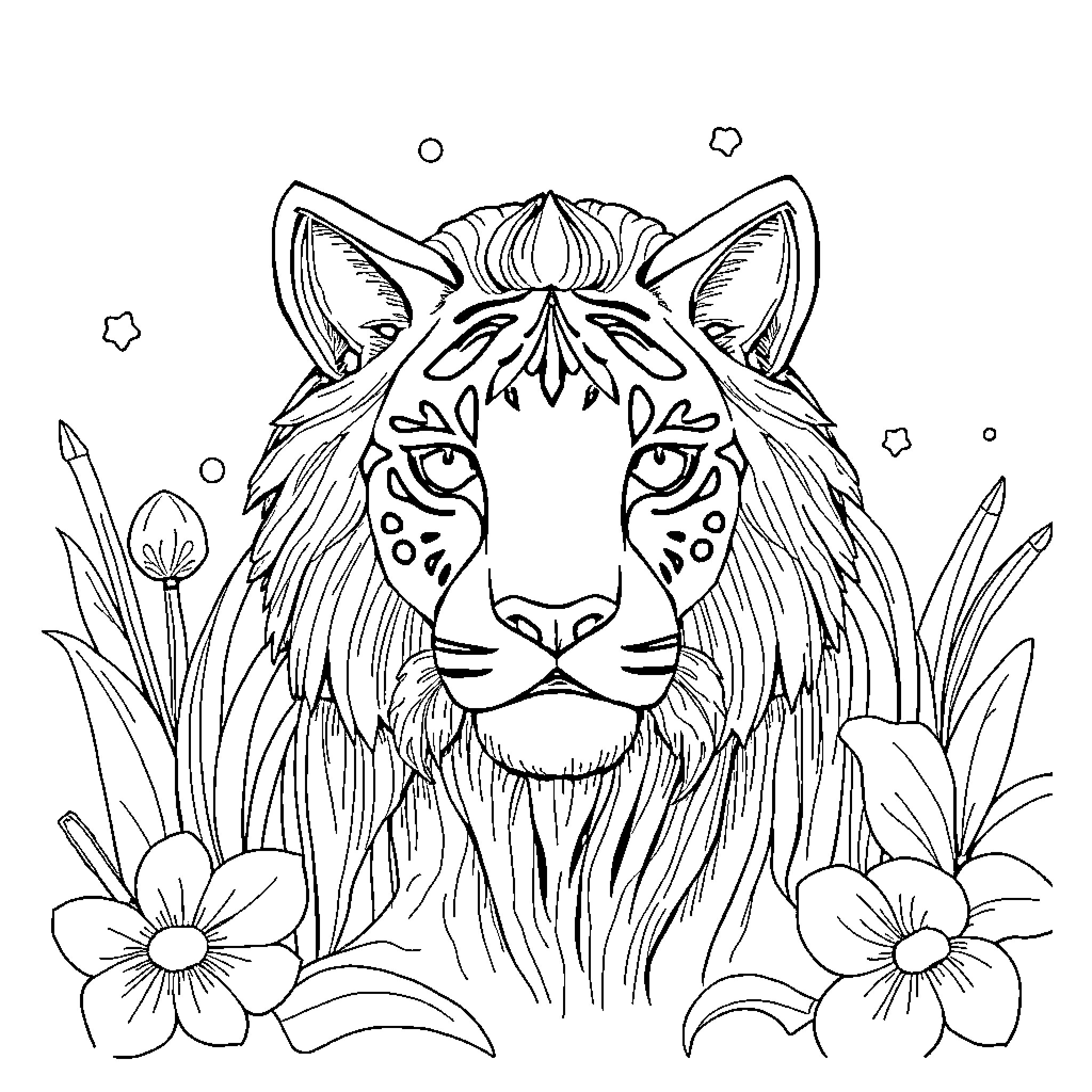 فتاة تتأمل وجه نمر وسط الزهور والأوراق Coloring Page (free black-and-white line drawing printable PDF for all, from beginners to advanced learners, including children, teens, adults, and seniors)