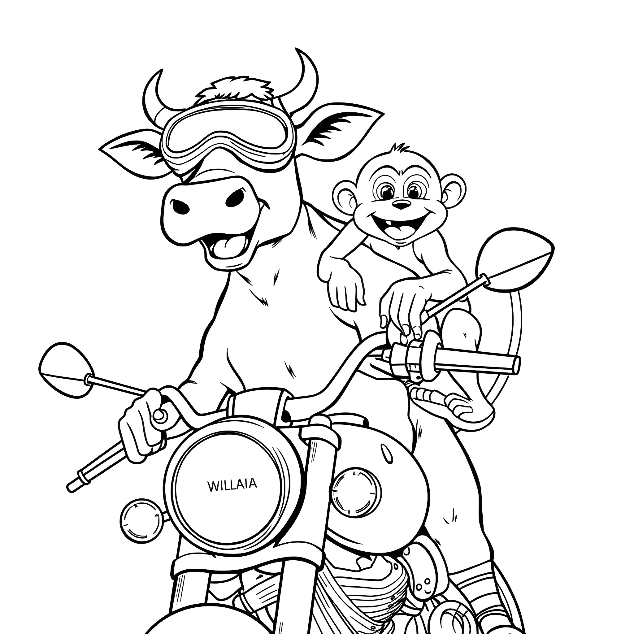 Cow and monkey riding motorcycle Coloring Page (free black-and-white line drawing printable PDF for all, from beginners to advanced learners, including children, teens, adults, and seniors)