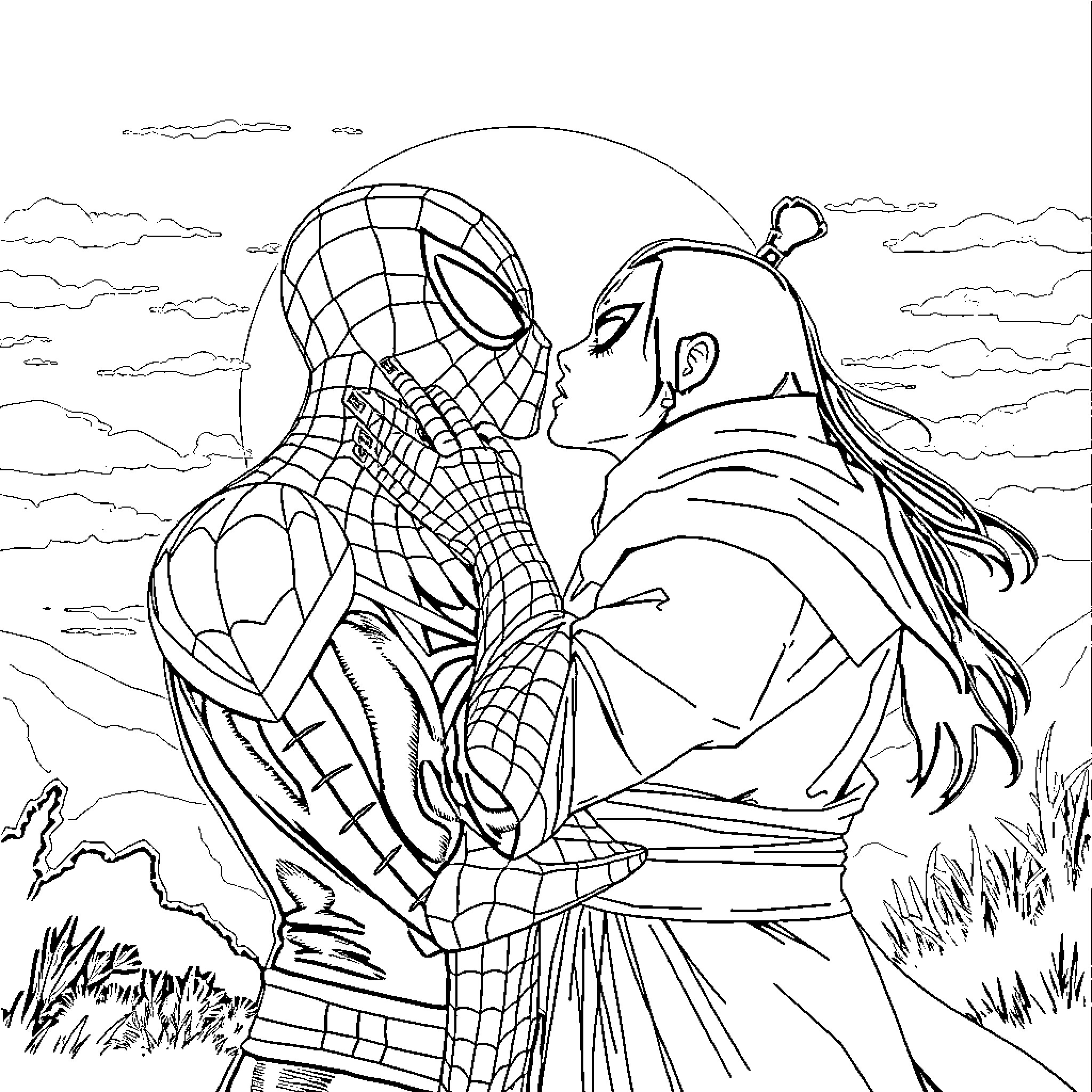 Spiderman embracing a mysterious figure in a dramatic scene Coloring Page (free black-and-white line drawing printable PDF for all, from beginners to advanced learners, including children, teens, adults, and seniors)