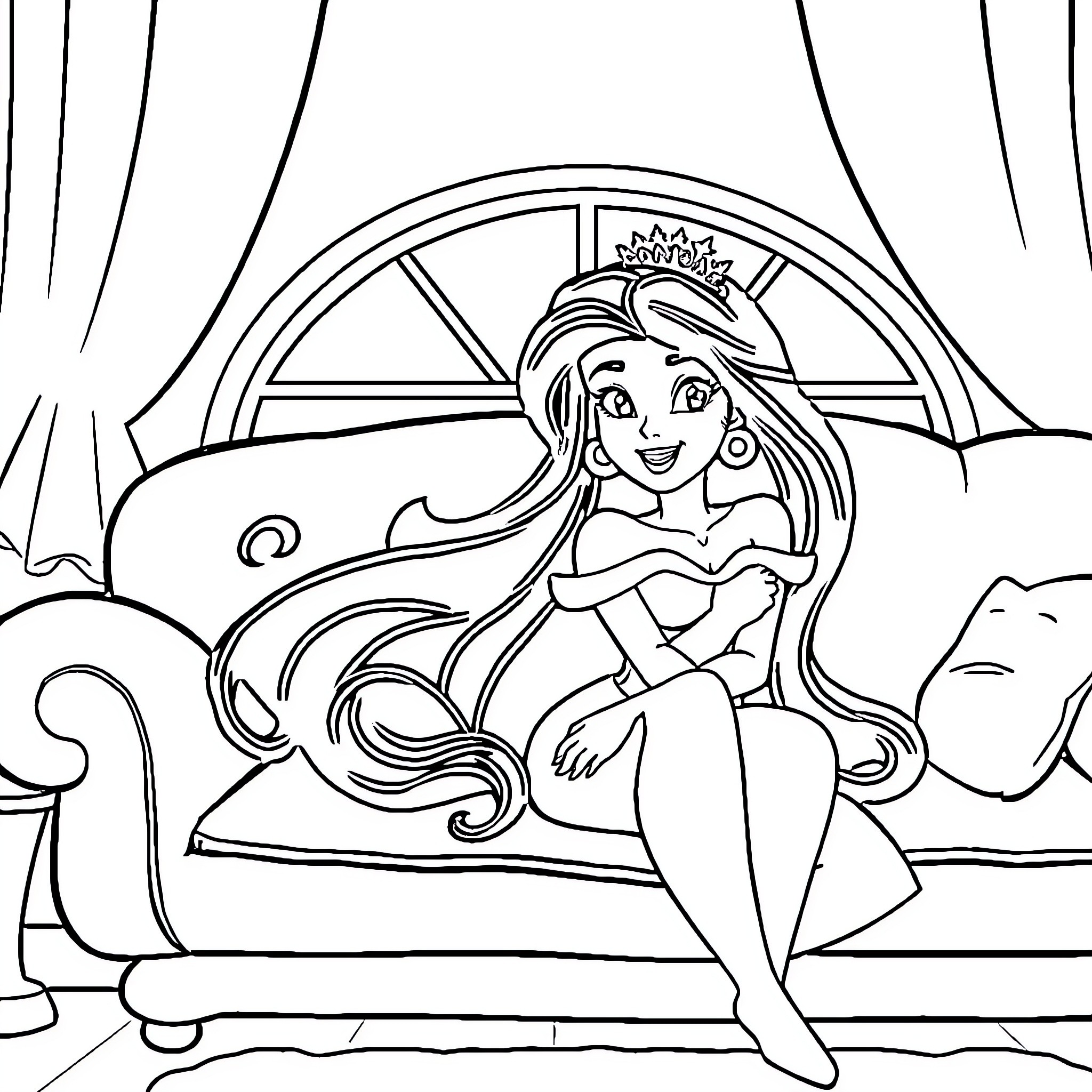 Disney Princess relaxing on a couch in a luxurious room Coloring Page (free black-and-white line drawing printable PDF for all, from beginners to advanced learners, including children, teens, adults, and seniors)