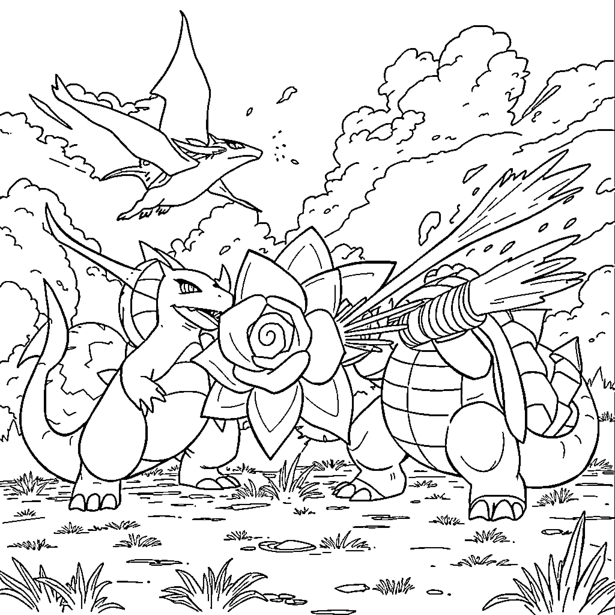 Charizard battling against Mega Evolved Pokemon Coloring Page (free black-and-white line drawing printable PDF for all, from beginners to advanced learners, including children, teens, adults, and seniors)