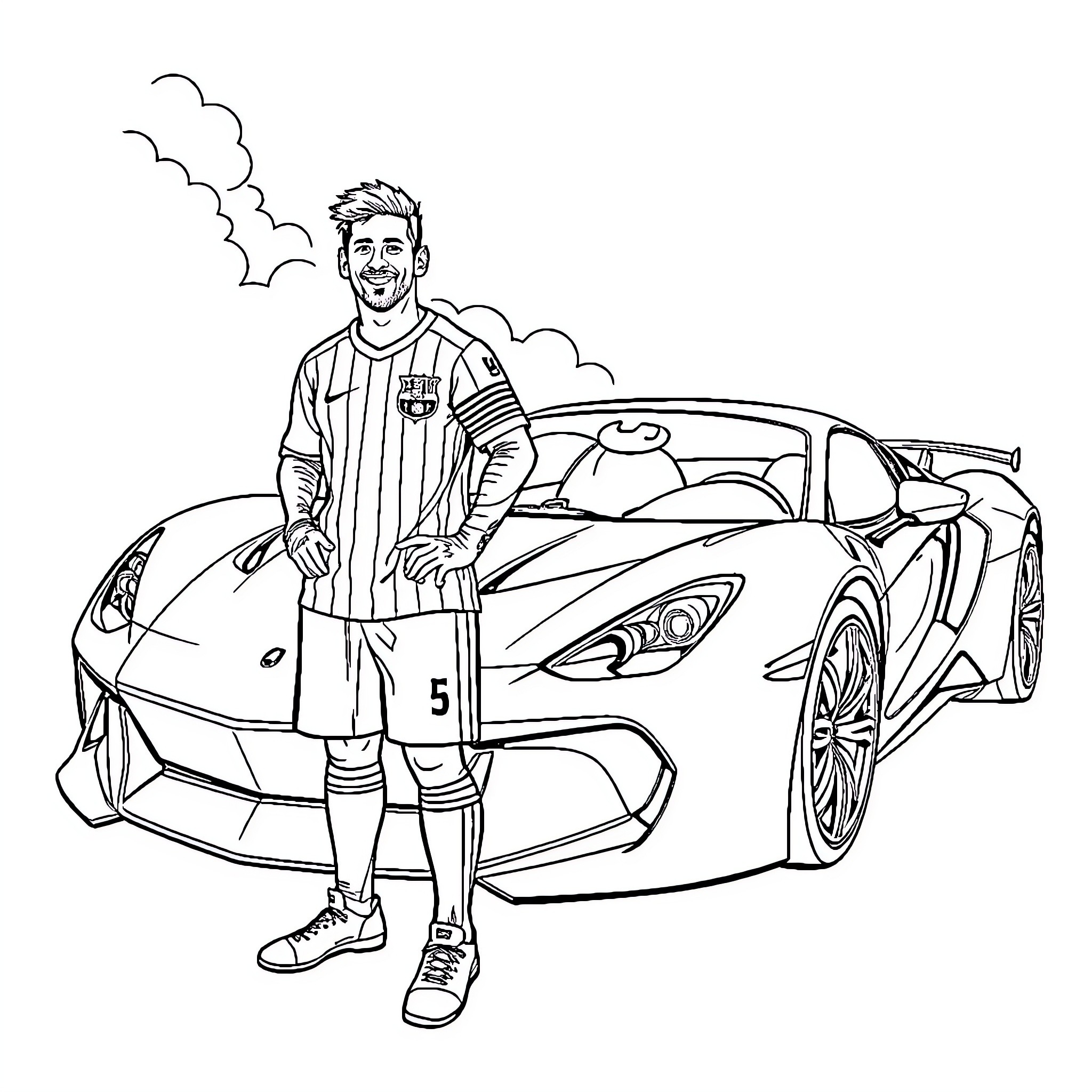 Messi posing confidently with a sports car Coloring Page (free black-and-white line drawing printable PDF for all, from beginners to advanced learners, including children, teens, adults, and seniors)