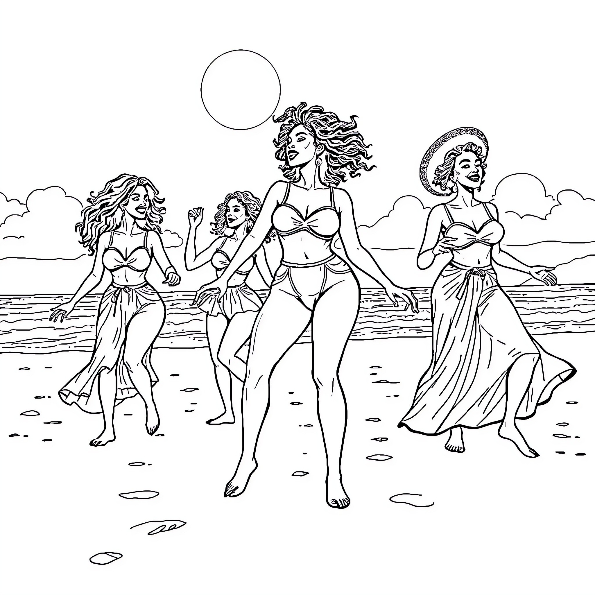 Women enjoying beachside activities in fashionable outfits Coloring Page (free black-and-white line drawing printable PDF for all, from beginners to advanced learners, including children, teens, adults, and seniors)