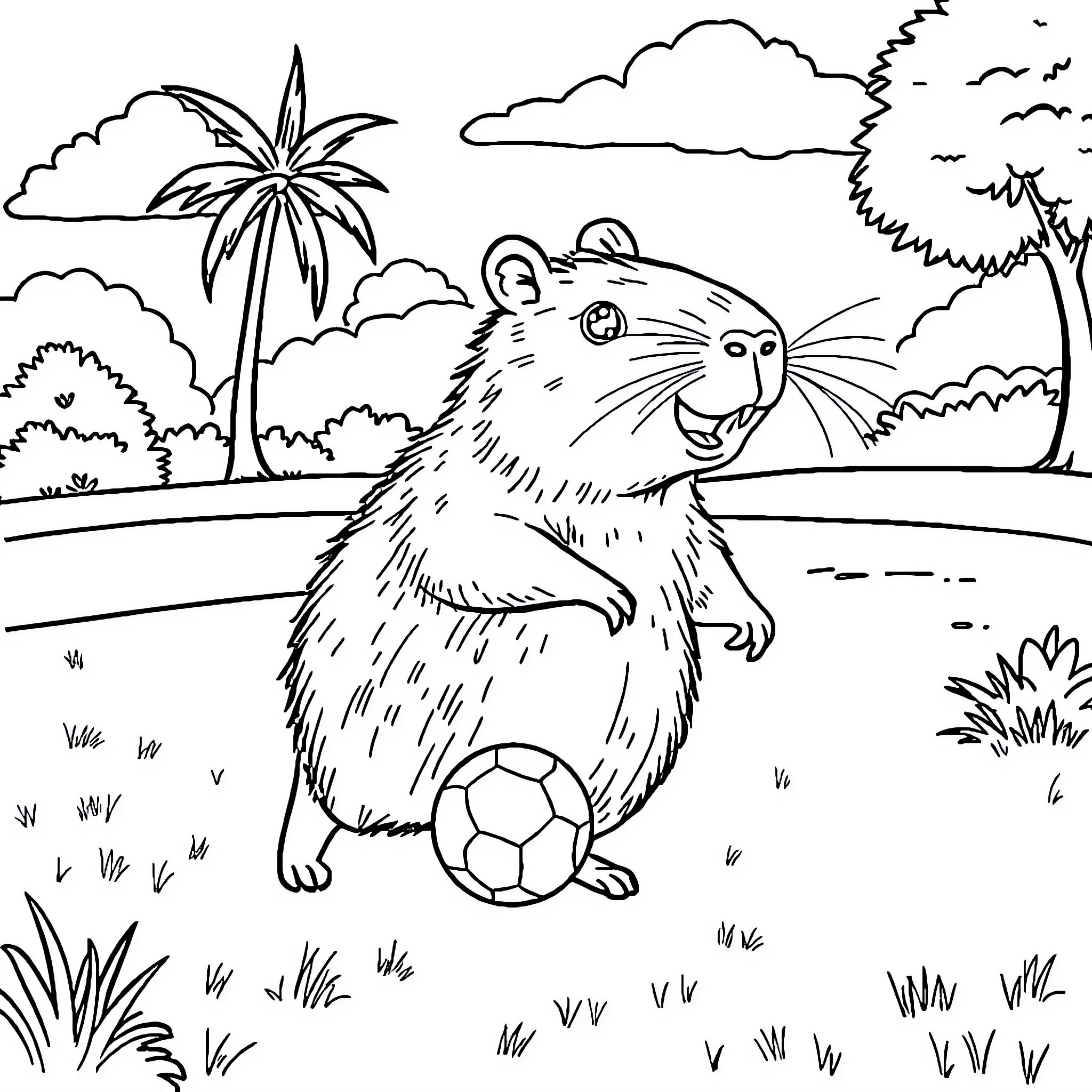 Capybara playing with ball in tropical landscape Coloring Page (free black-and-white line drawing printable PDF for all, from beginners to advanced learners, including children, teens, adults, and seniors)