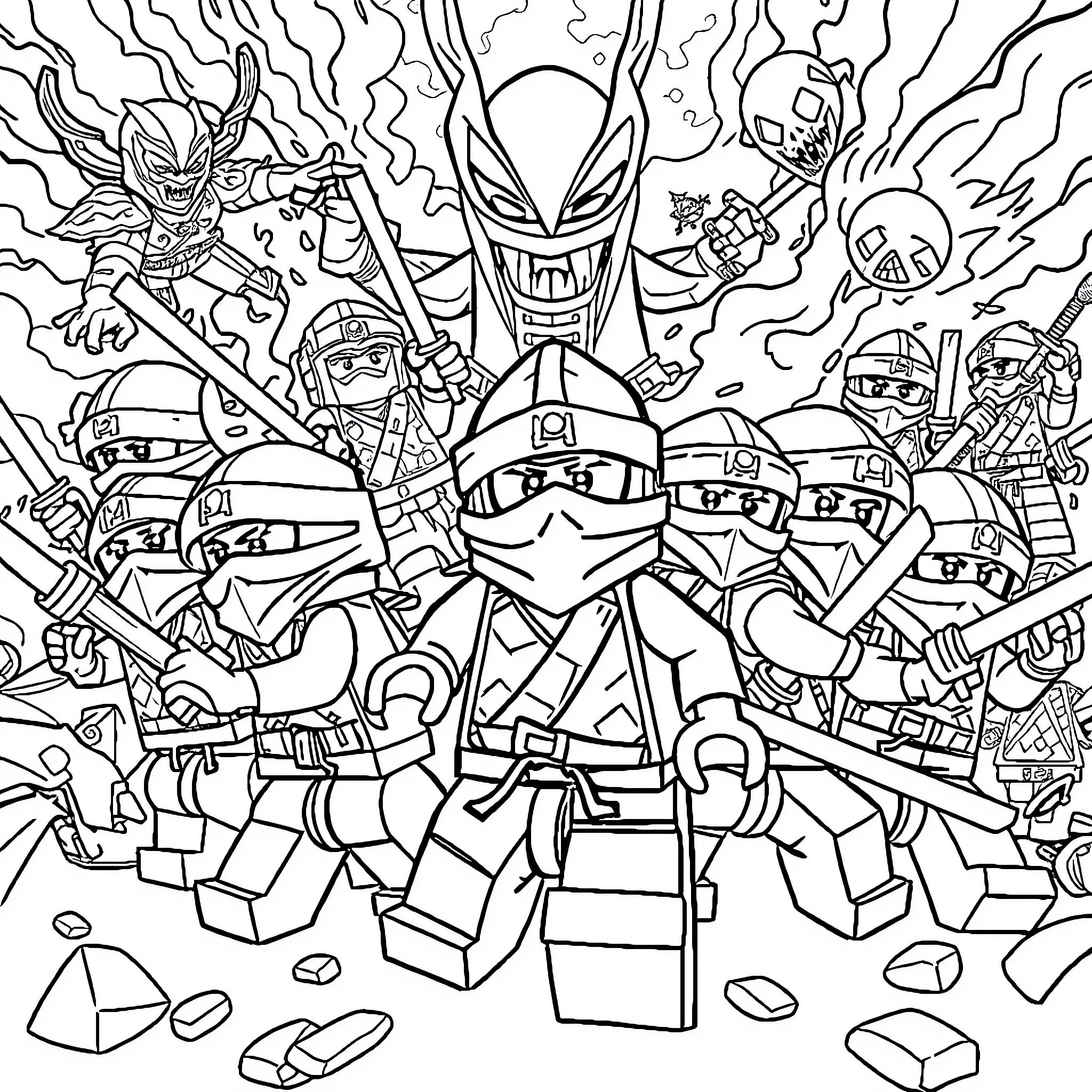 Ninjago Heroes in Epic Battle with Villains Coloring Page (free black-and-white line drawing printable PDF for all, from beginners to advanced learners, including children, teens, adults, and seniors)