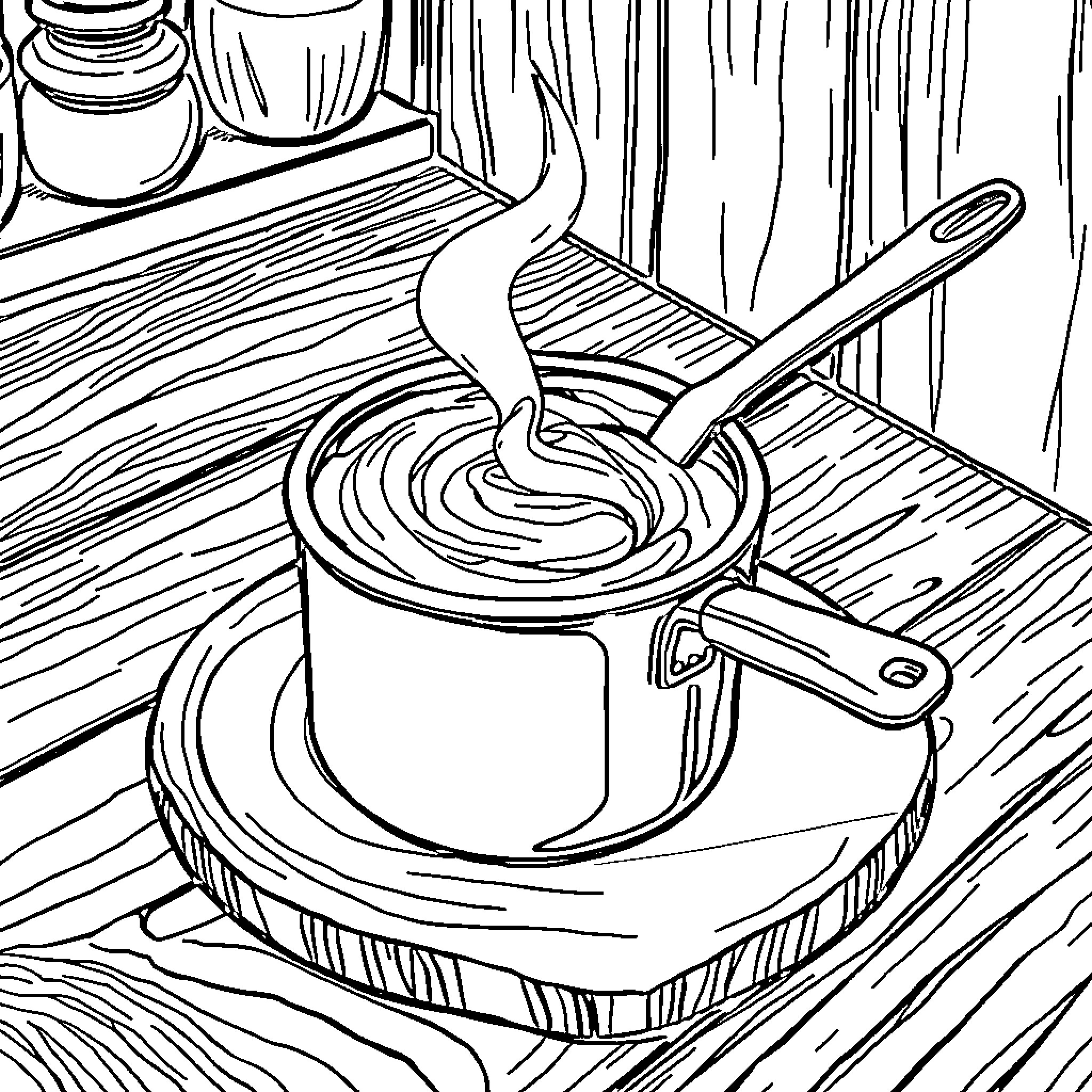 Peanut Butter Stirring in Pot on Wooden Surface Coloring Page (free black-and-white line drawing printable PDF for all, from beginners to advanced learners, including children, teens, adults, and seniors)