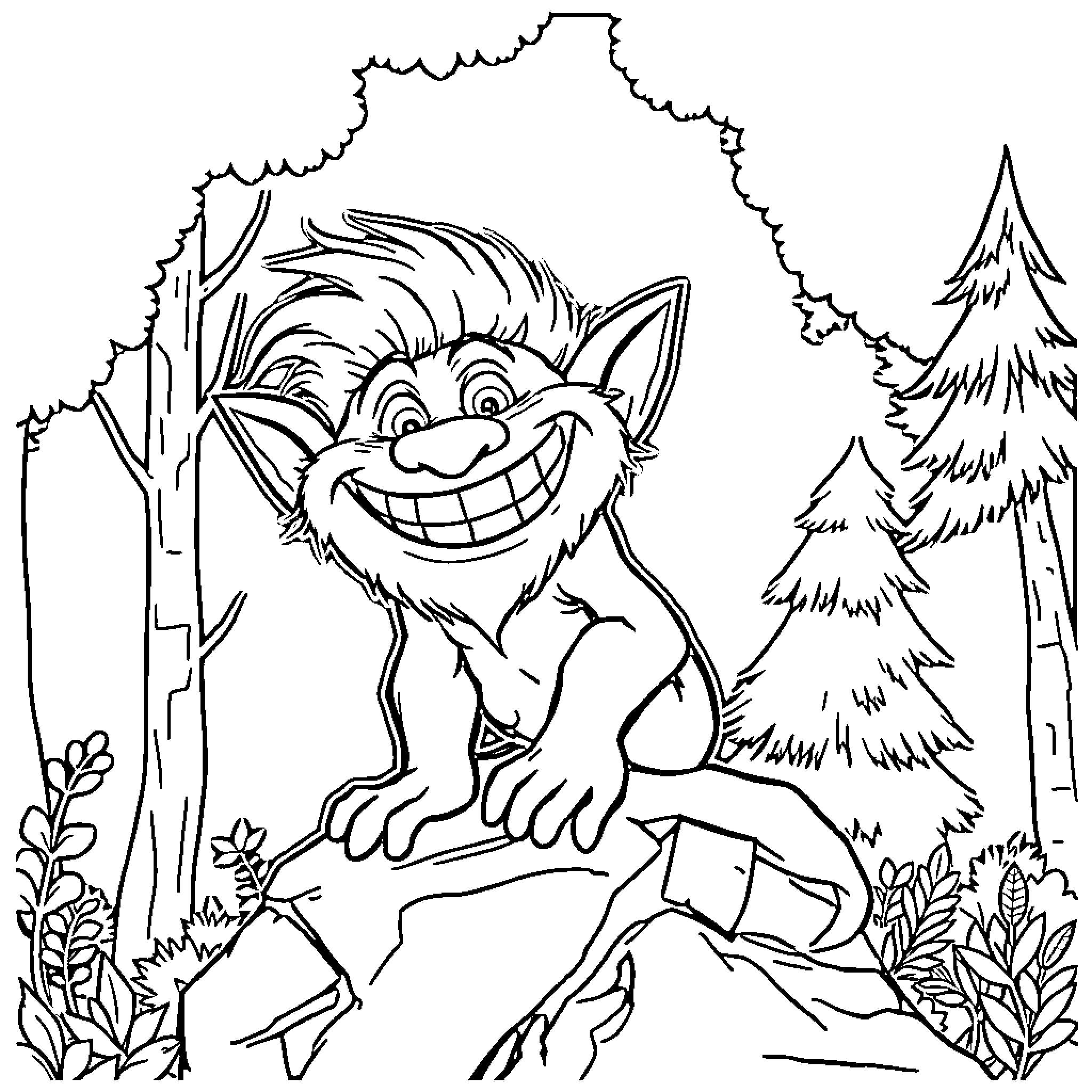 Troll grinning mischievously in the forest Coloring Page (free black-and-white line drawing printable PDF for all, from beginners to advanced learners, including children, teens, adults, and seniors)